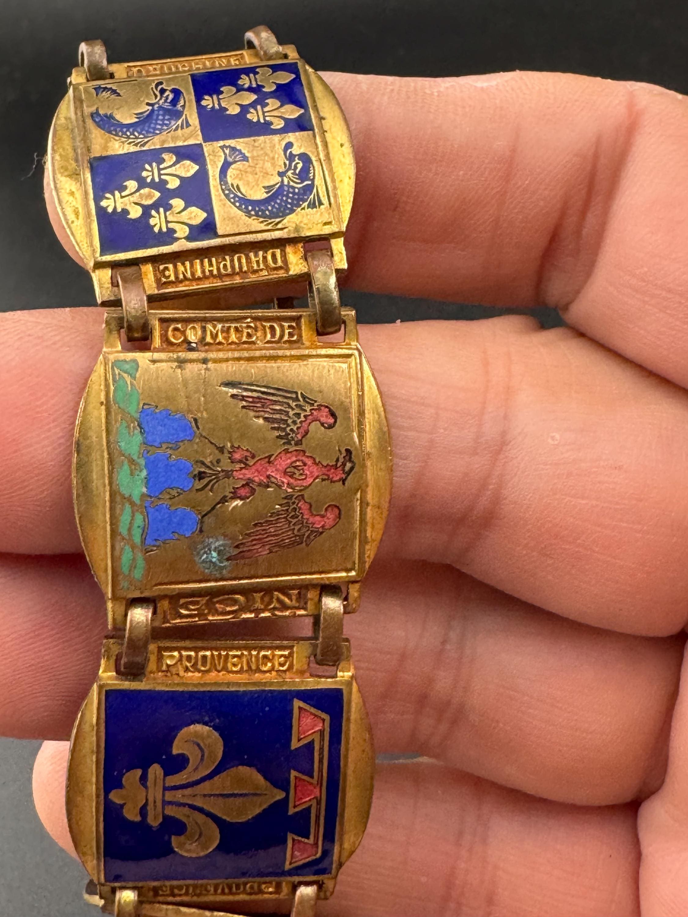 French Vintage Brass Panel Bracelet: Provence Souvenir, Red Blue Green Enamel