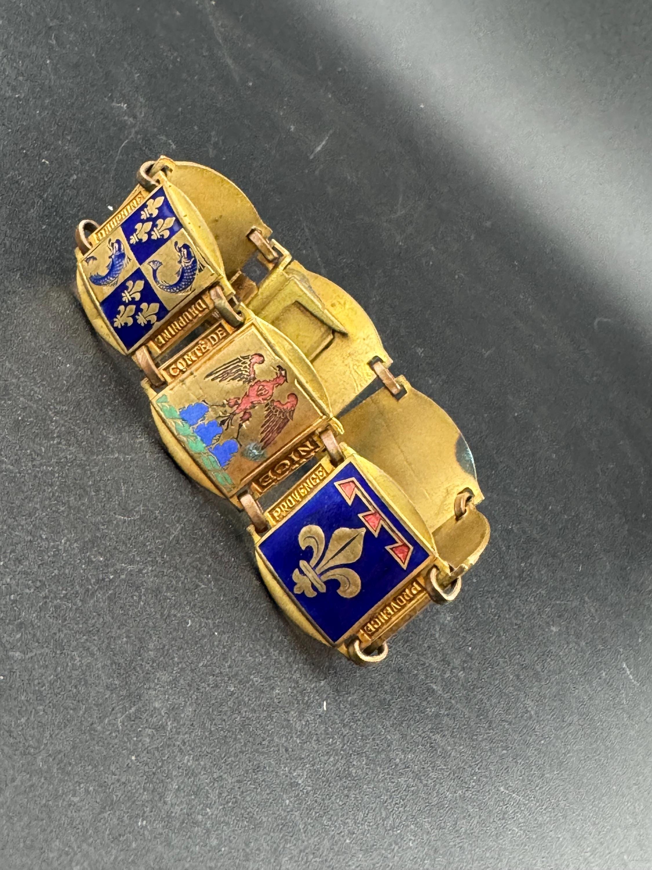 French Vintage Brass Panel Bracelet: Provence Souvenir, Red Blue Green Enamel