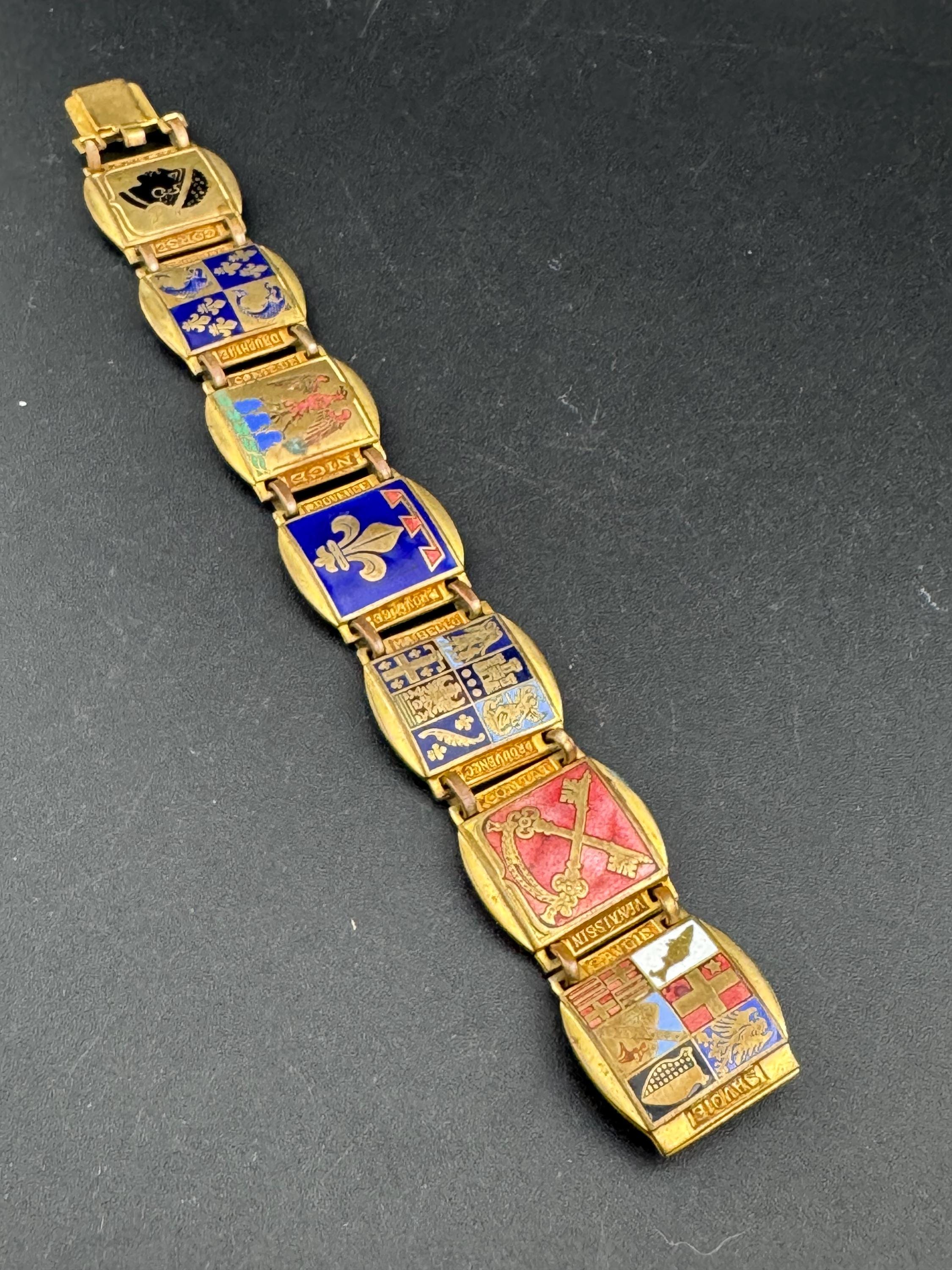 French Vintage Brass Panel Bracelet: Provence Souvenir, Red Blue Green Enamel