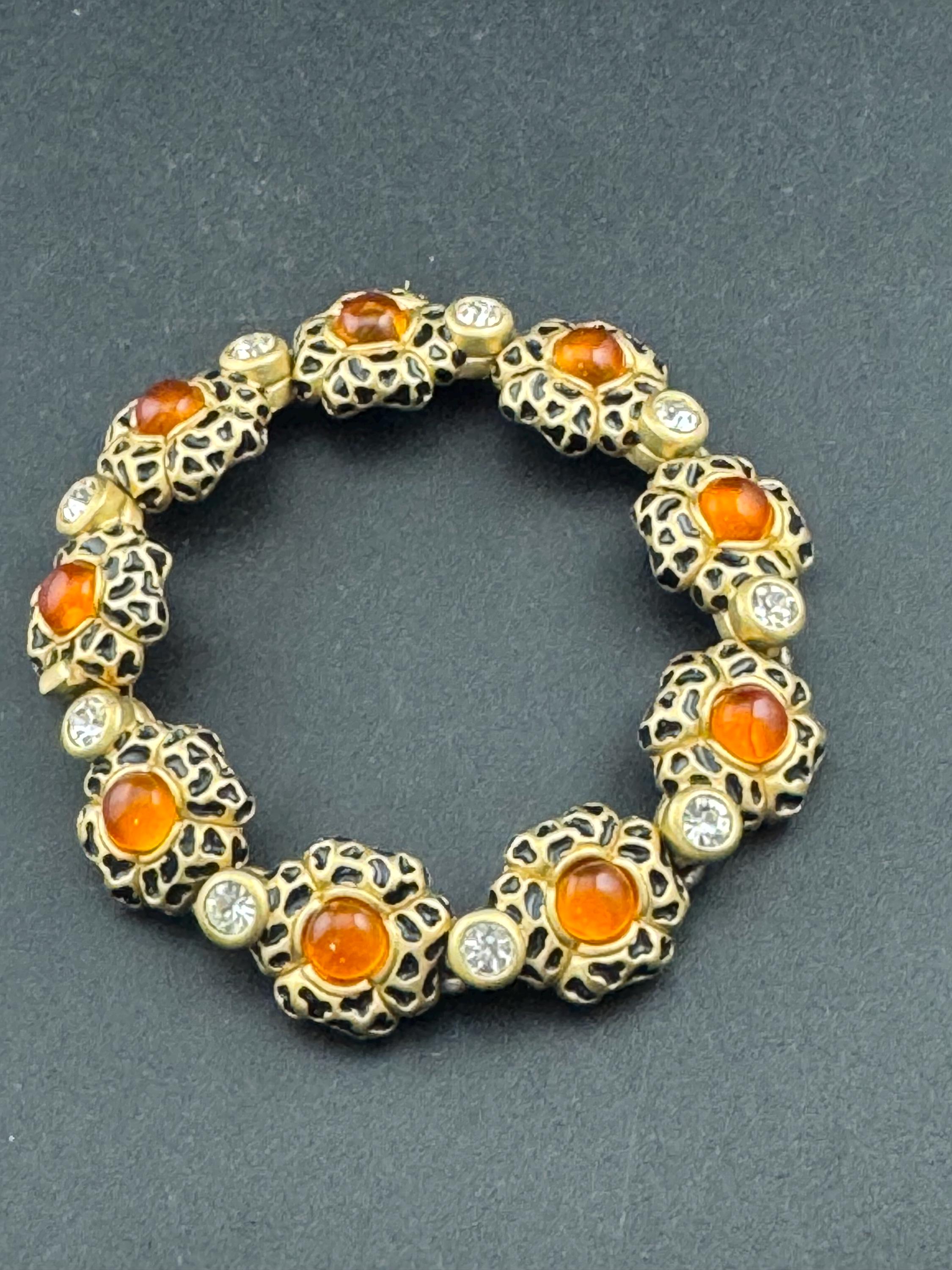Retro Leopard Print Enamel Bracelet: Diamanté & Orange Cabochons