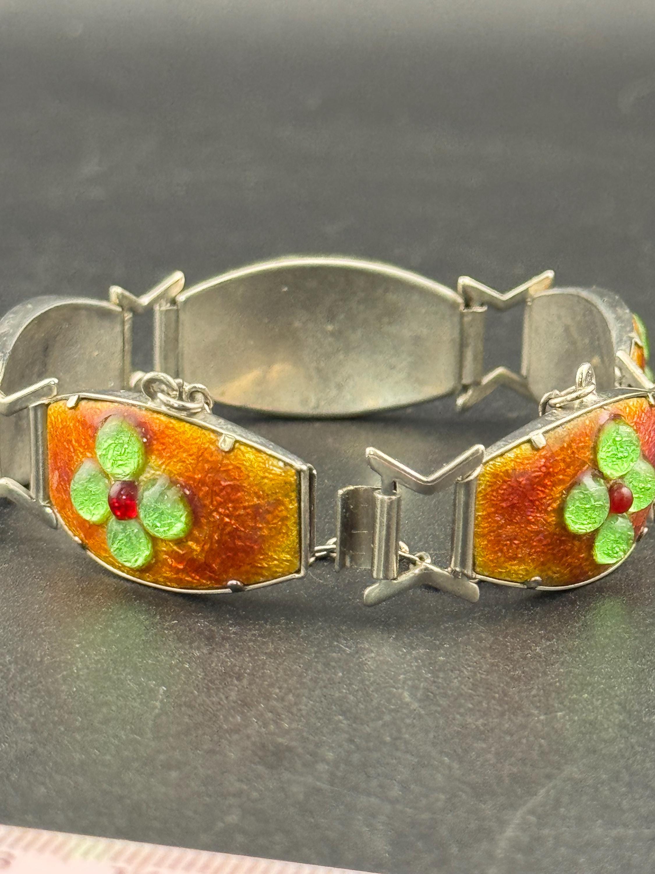 Vintage Silver chrome metal rust brown enamel panel link bracelet set with lime green cabochons