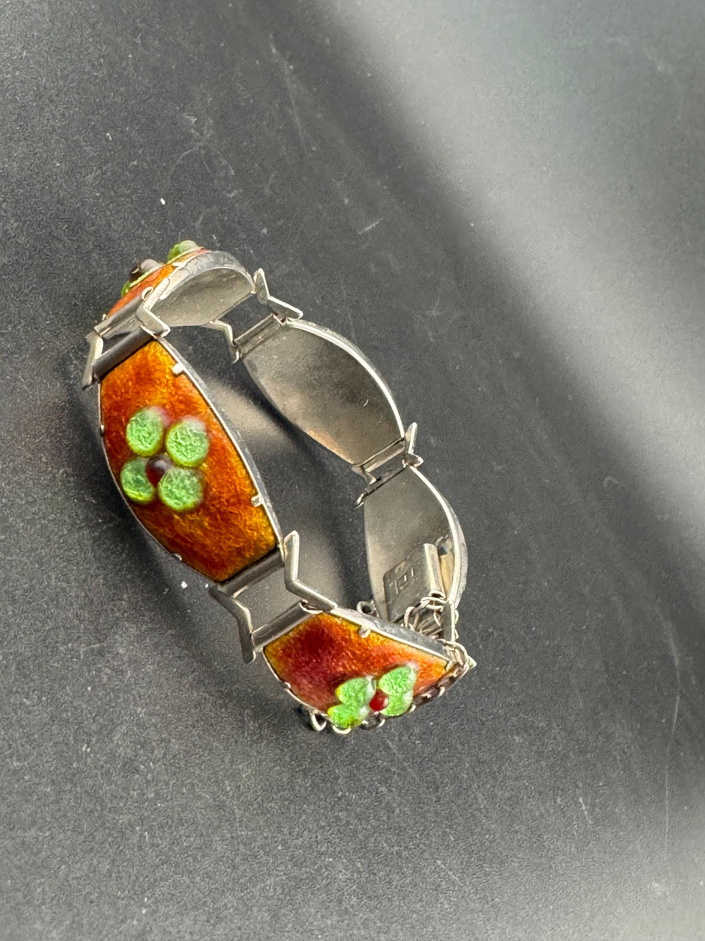 Vintage Silver chrome metal rust brown enamel panel link bracelet set with lime green cabochons