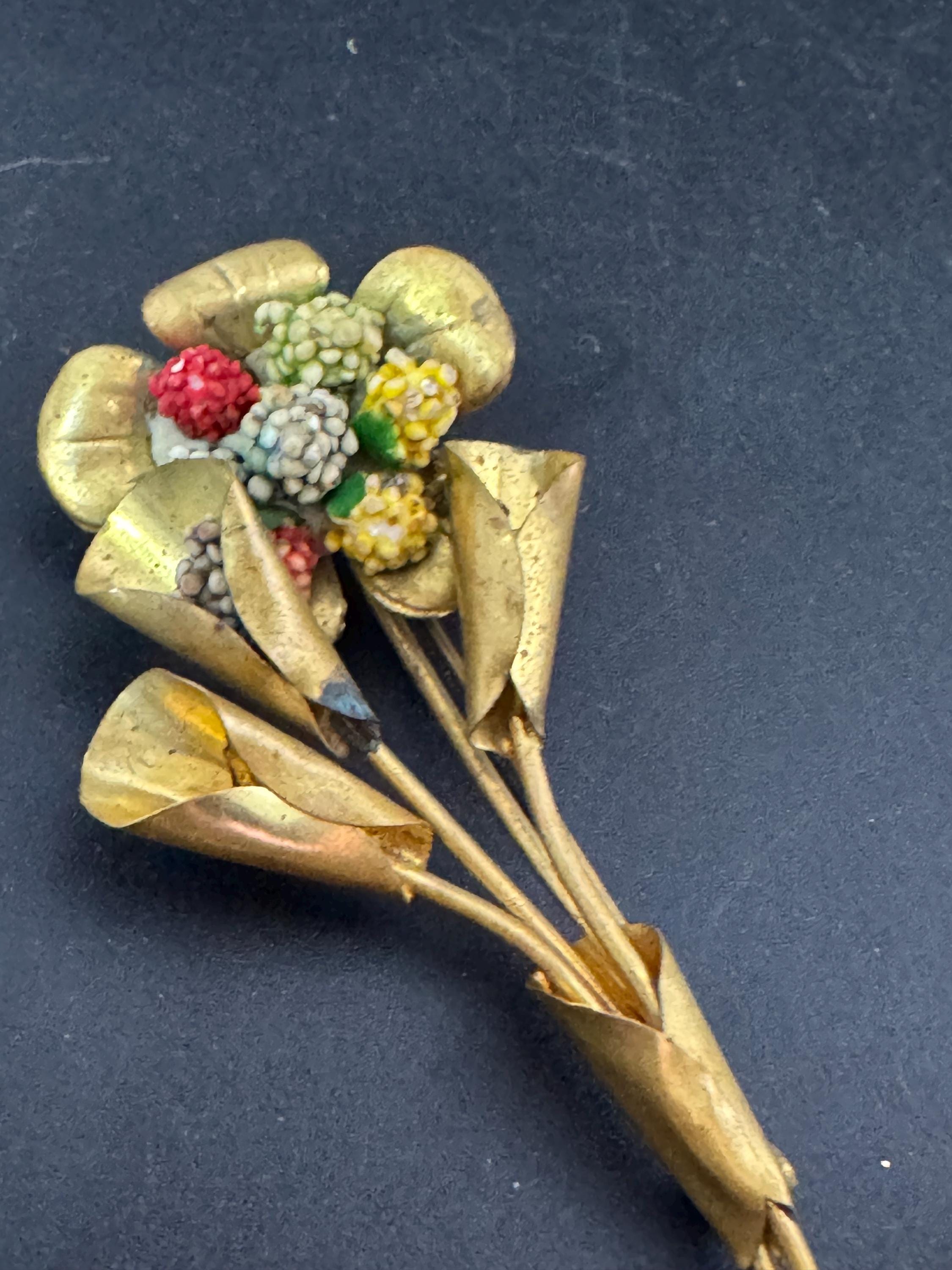 Antique Brass Floral Brooch: Micro Beaded Flower Heads, 1930s Czech Style