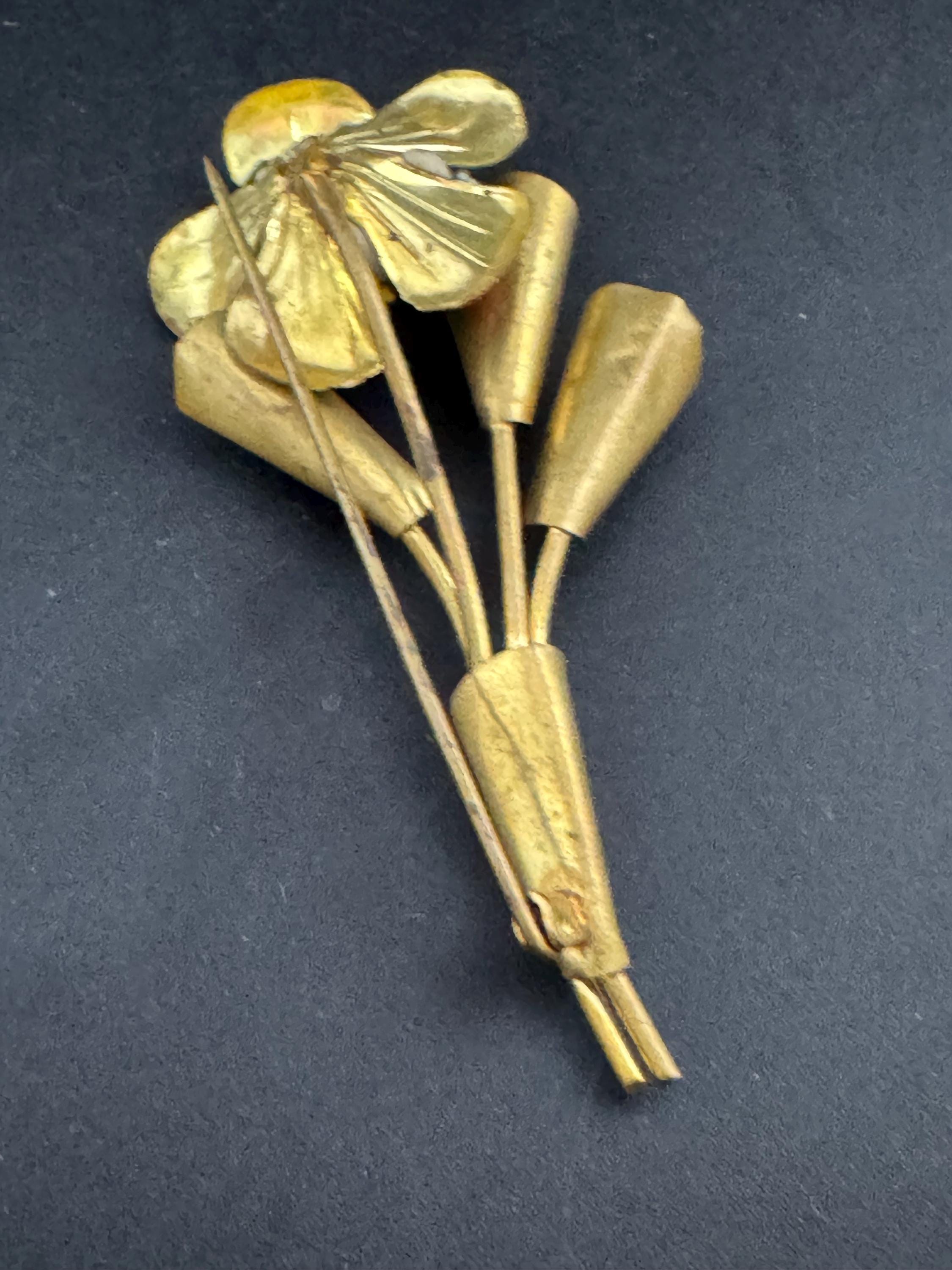 Antique Brass Floral Brooch: Micro Beaded Flower Heads, 1930s Czech Style