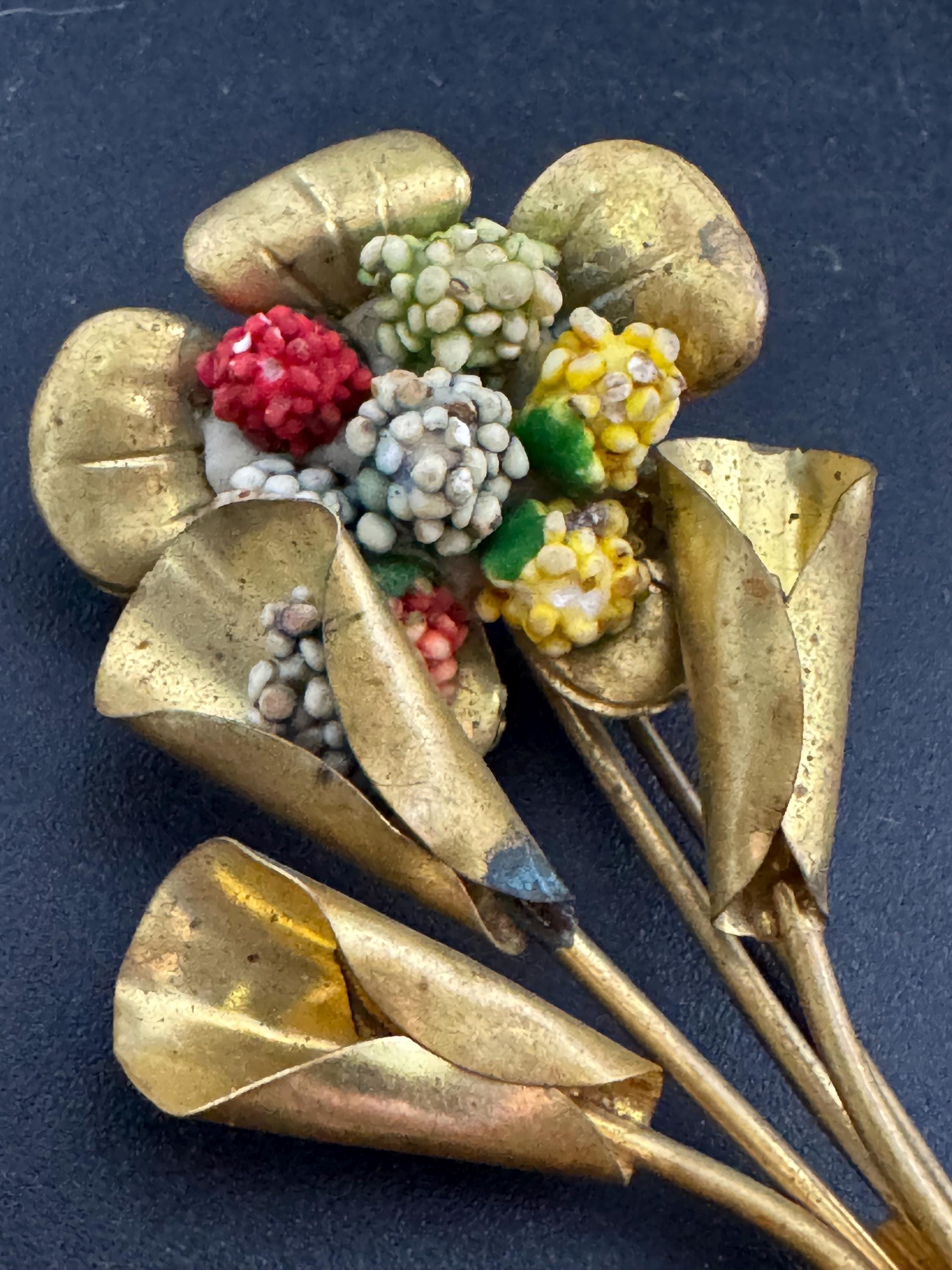 Antique Brass Floral Brooch: Micro Beaded Flower Heads, 1930s Czech Style