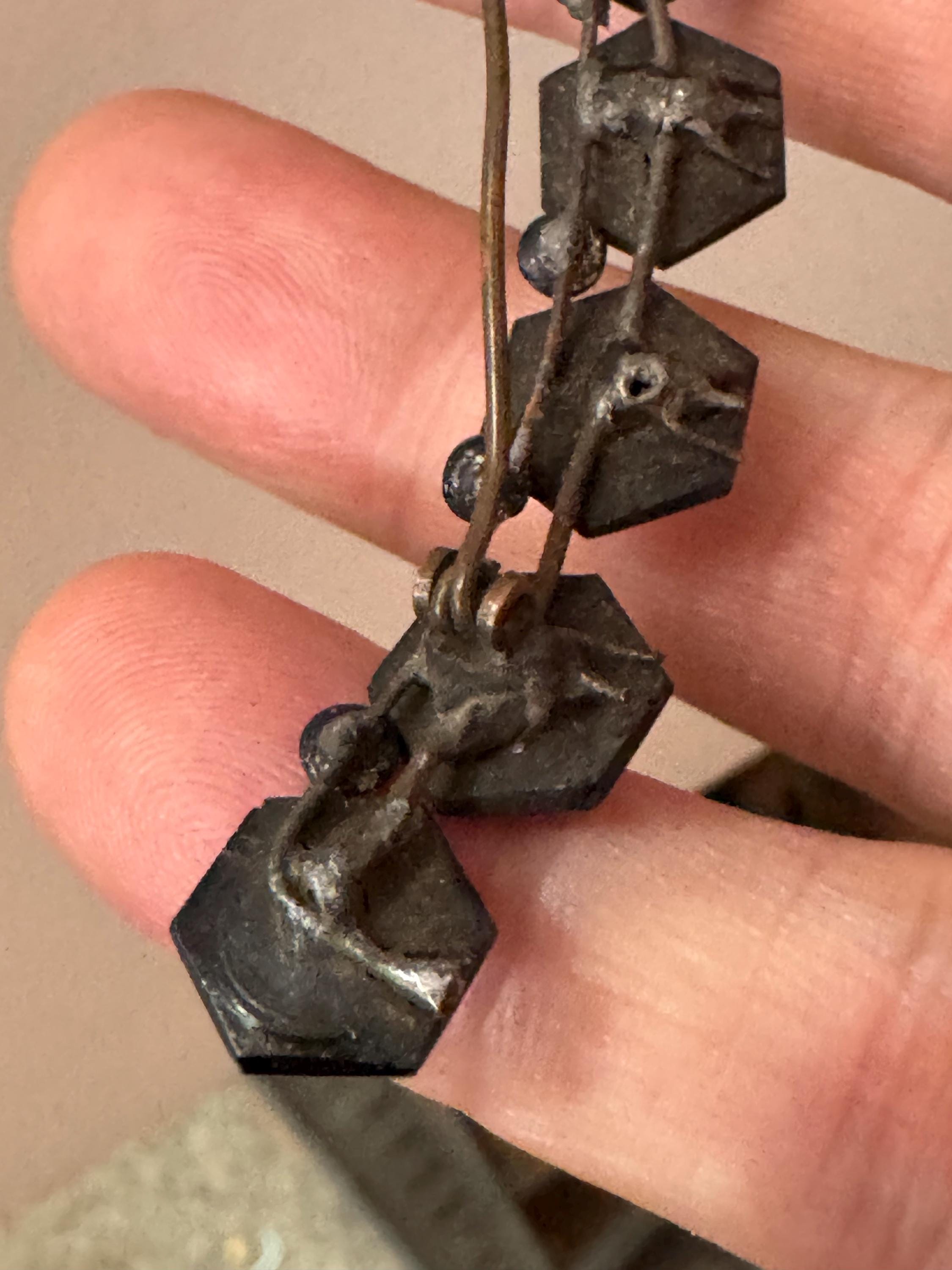 As found Antique 1900s Victorian black Vauxhall glass gexagonal bar brooch