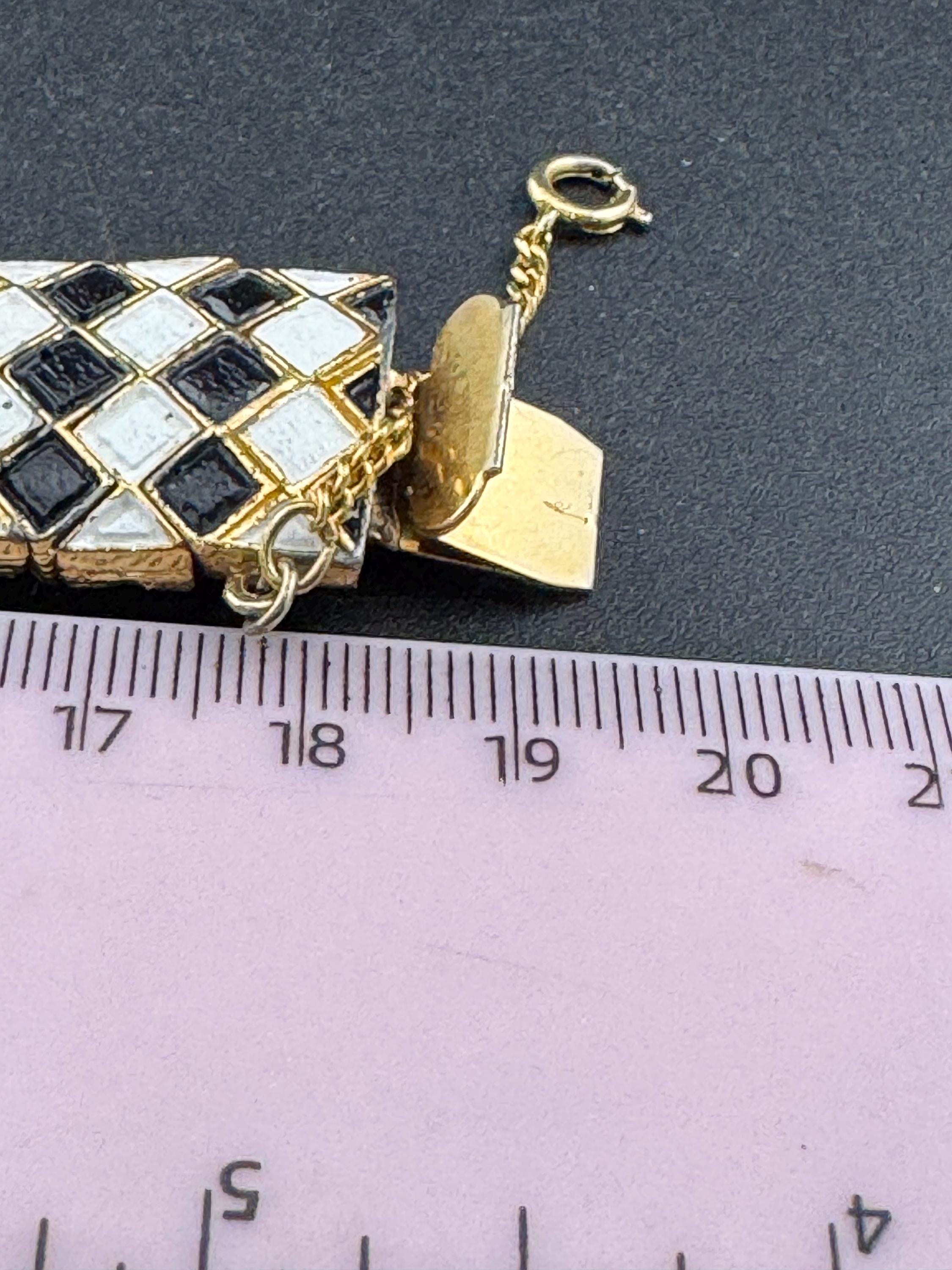 Vintage gold tone monochrome black and white harlequin enamel panel link wide bracelet