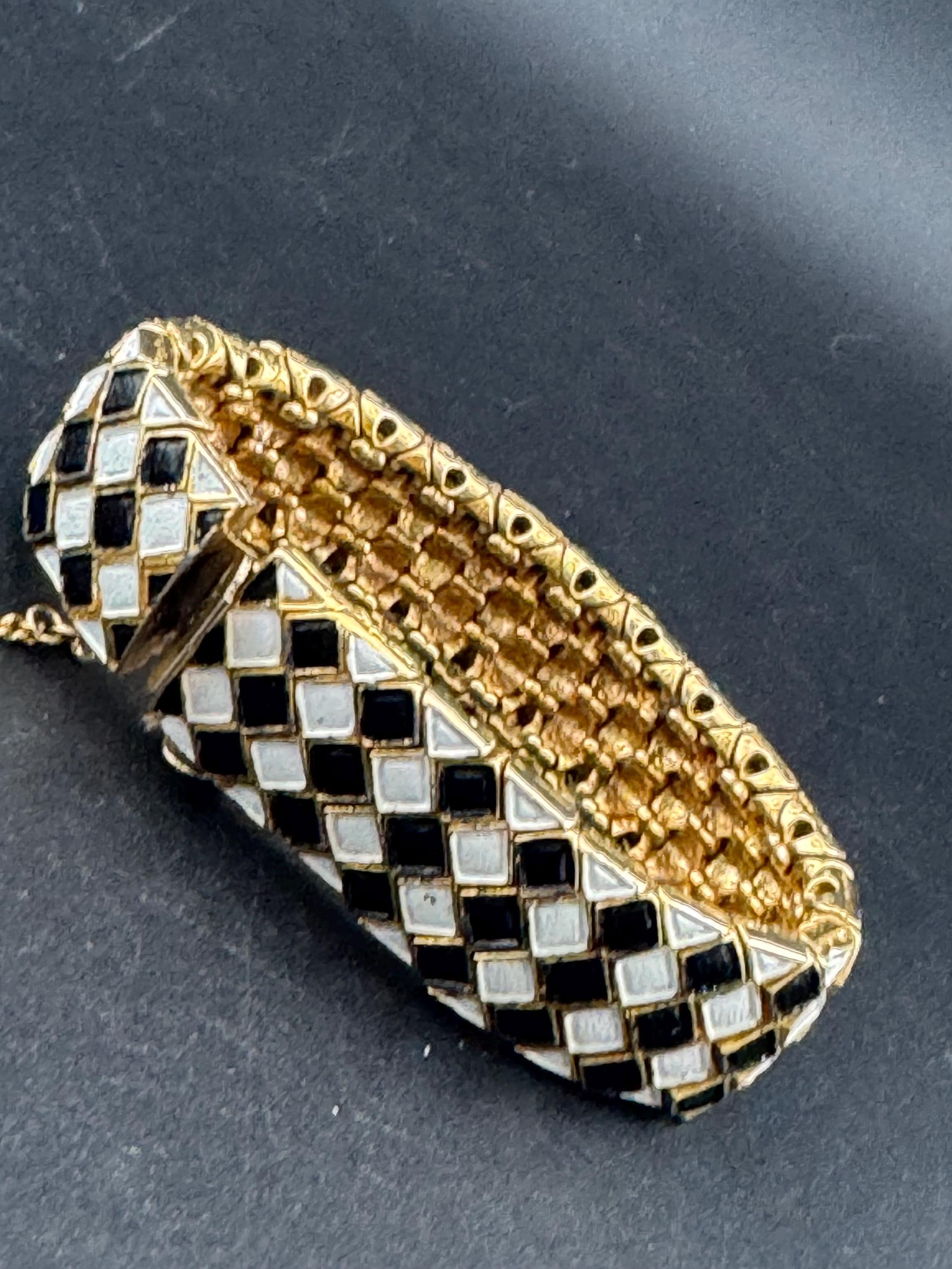 Vintage gold tone monochrome black and white harlequin enamel panel link wide bracelet