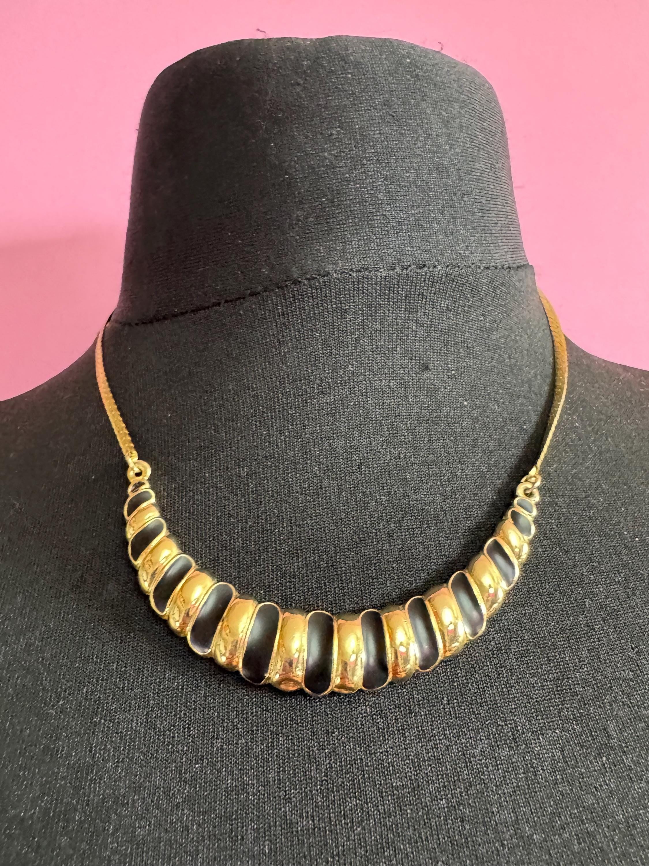 vintage striped gold tone wide black enamel statement flat chain chunky choker necklace