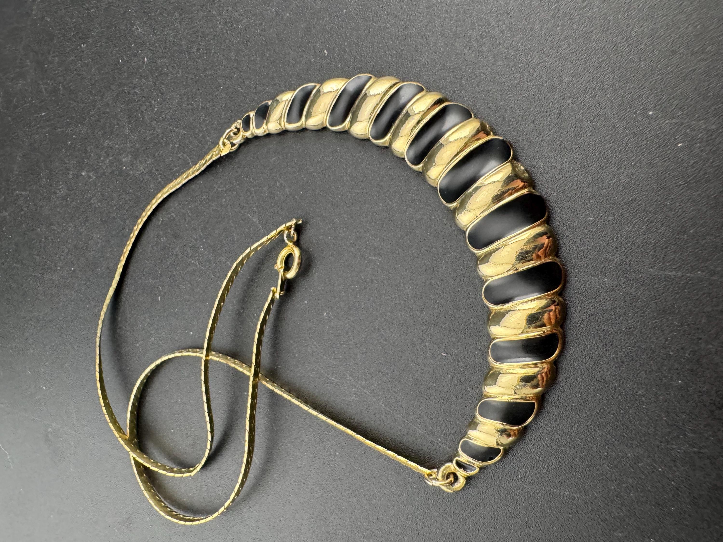vintage striped gold tone wide black enamel statement flat chain chunky choker necklace