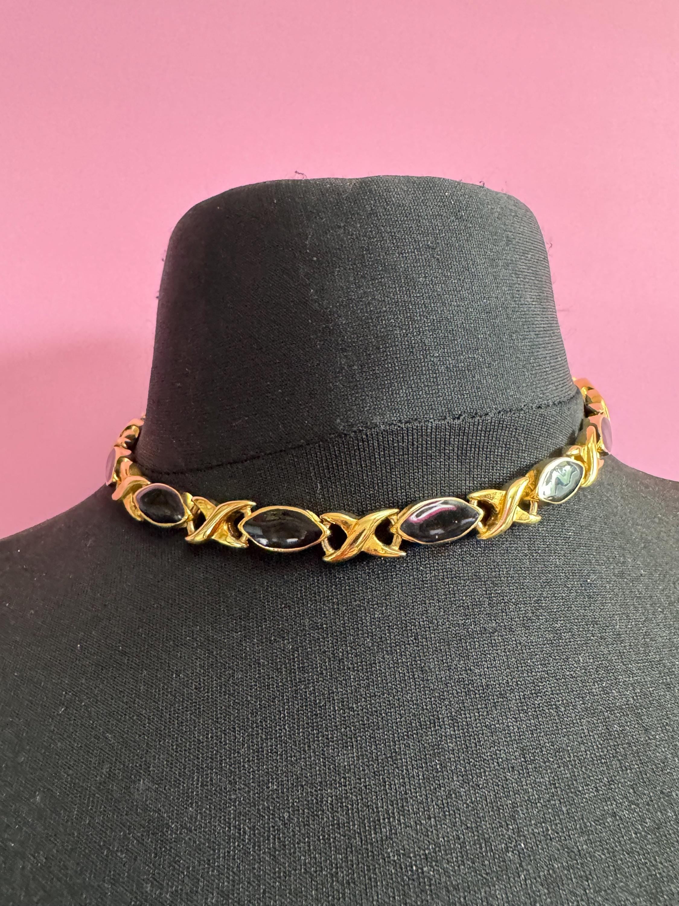 vintage heavy gold plated black enamel statement panel link chunky collar necklace XO
