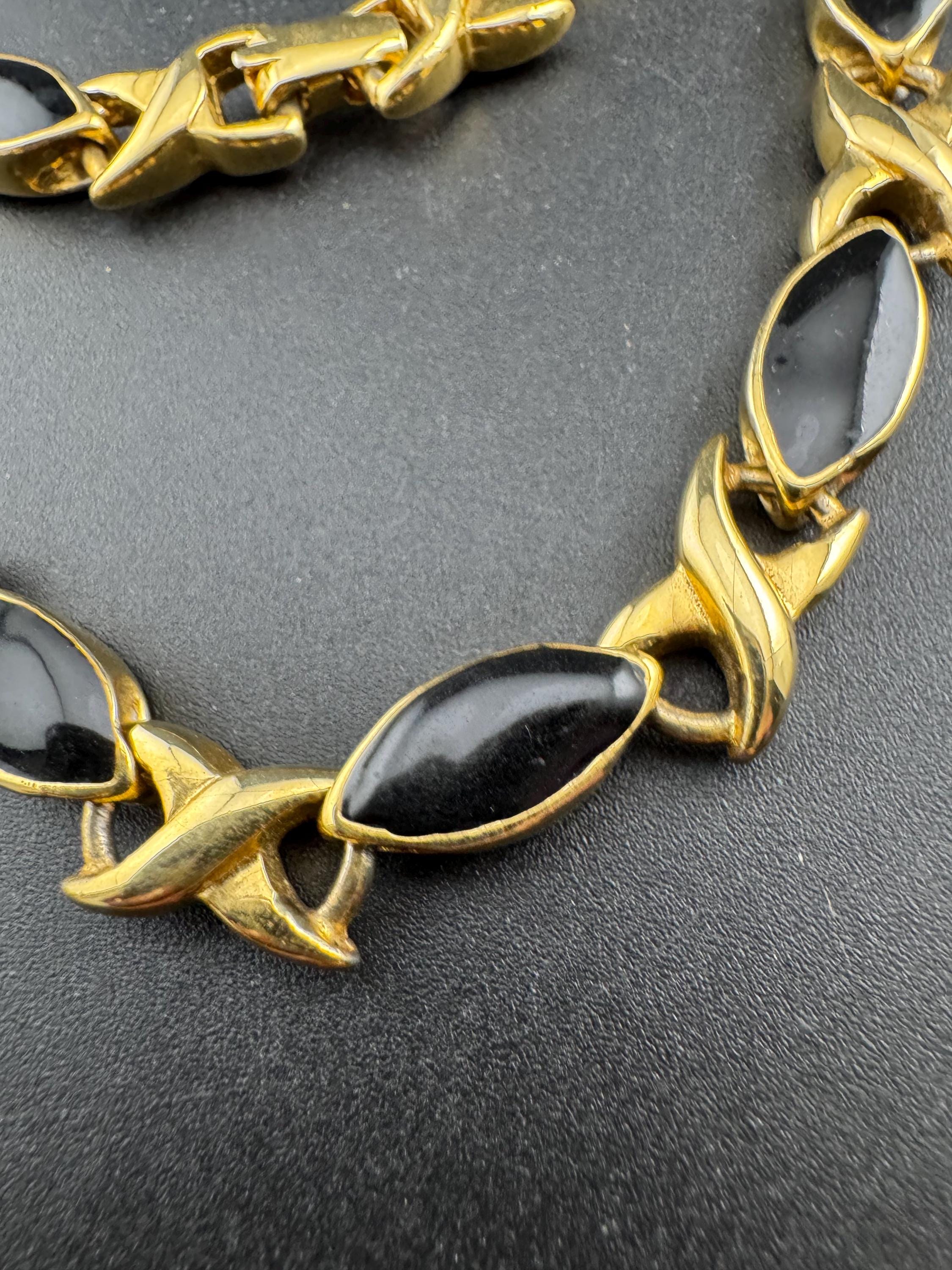 vintage heavy gold plated black enamel statement panel link chunky collar necklace XO