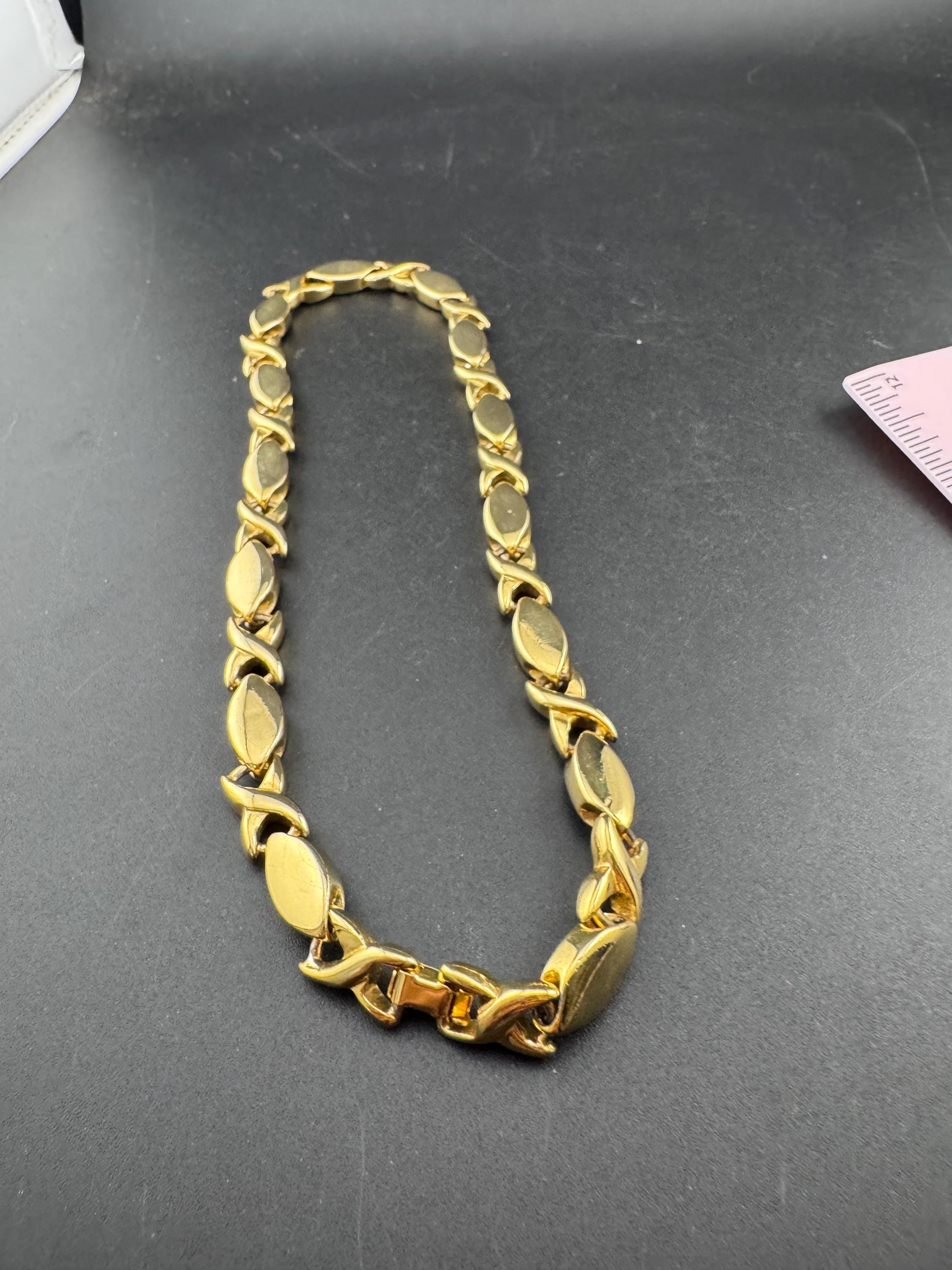 vintage heavy gold plated black enamel statement panel link chunky collar necklace XO