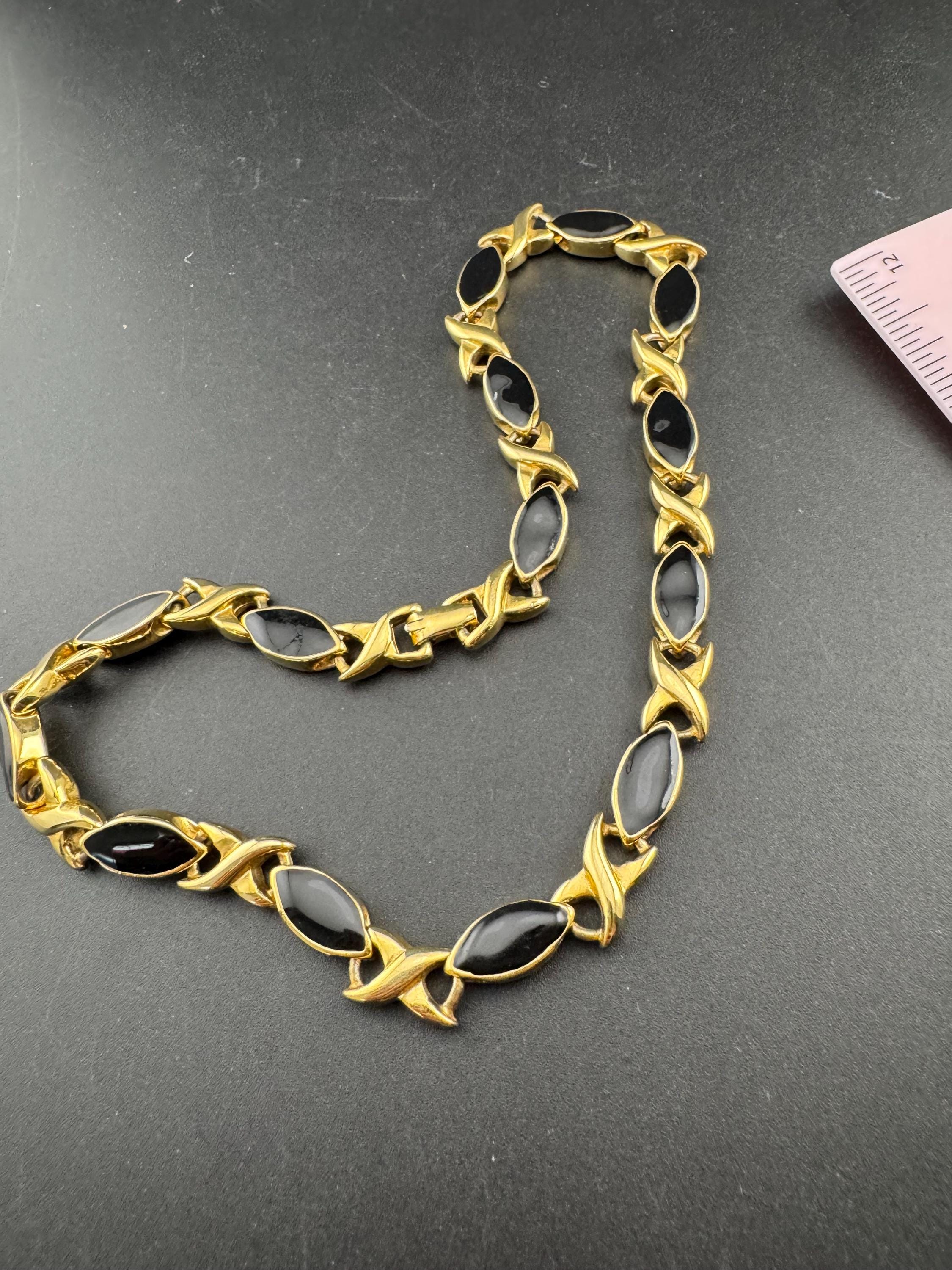 vintage heavy gold plated black enamel statement panel link chunky collar necklace XO