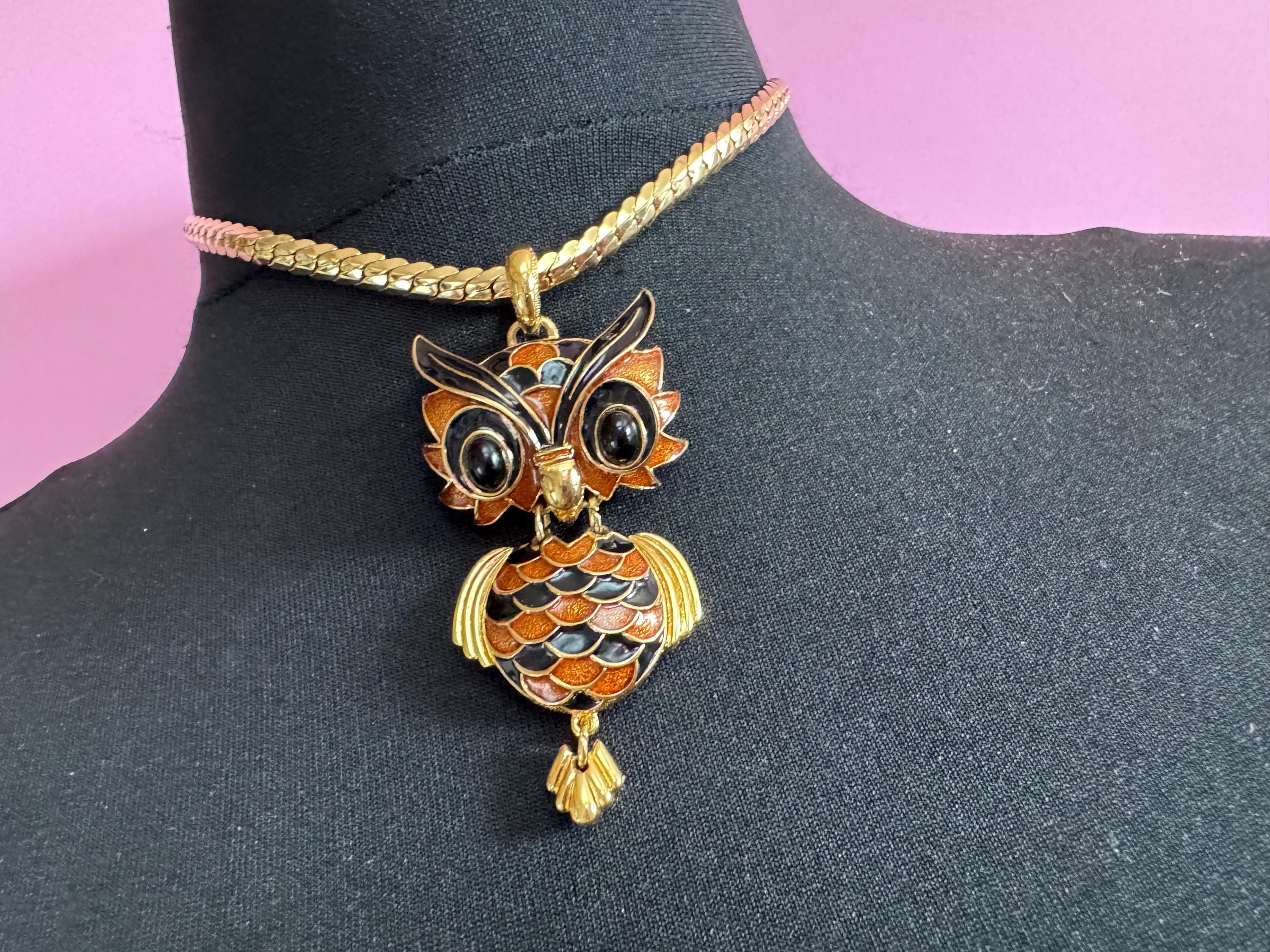 D'Orlan Enamel Owl Pendant Necklace: 1970s Gold Plated Chain designer