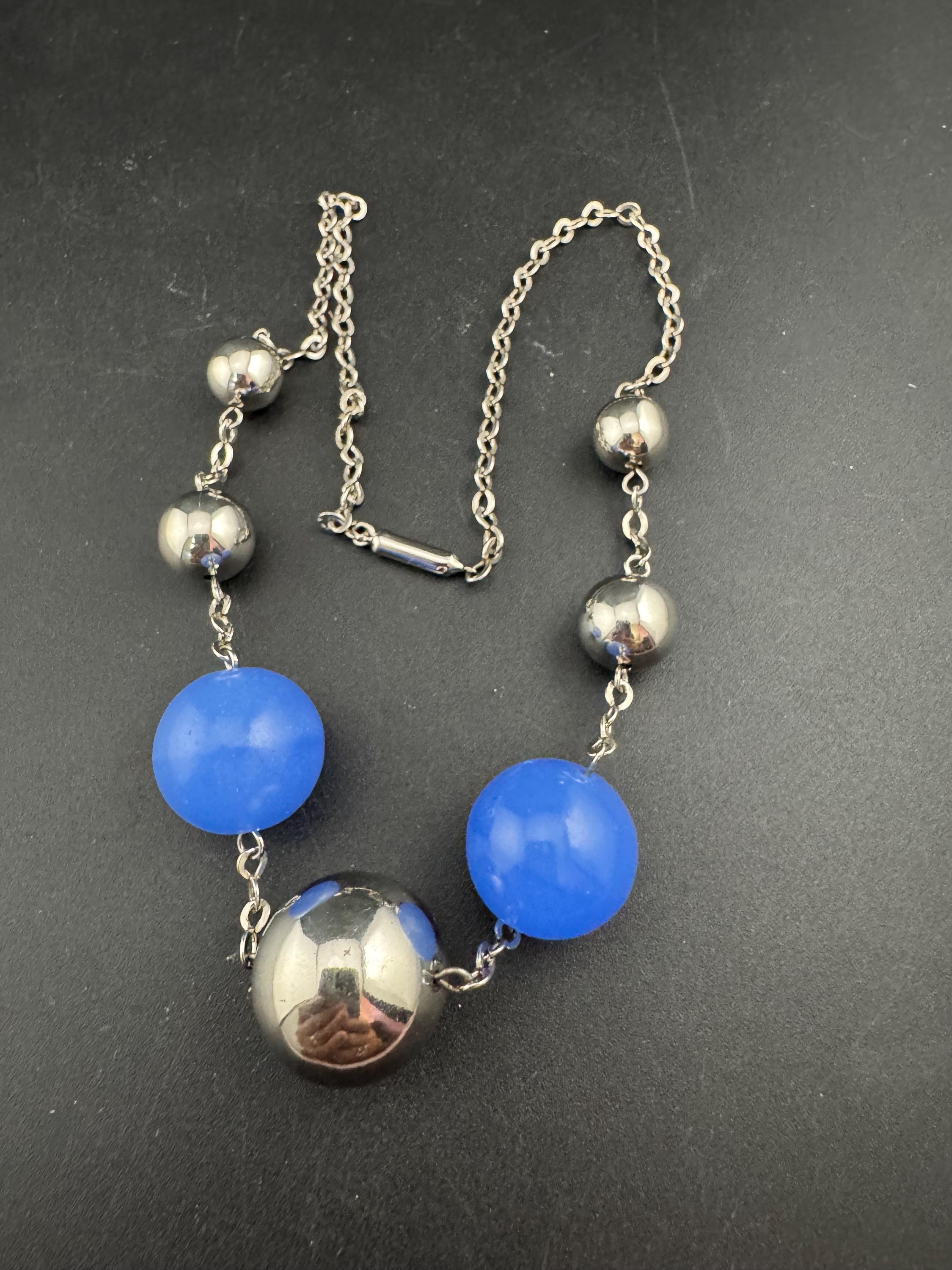 Genuine Czech silver Chromed deep blue glass bead necklace jakob Bengel era