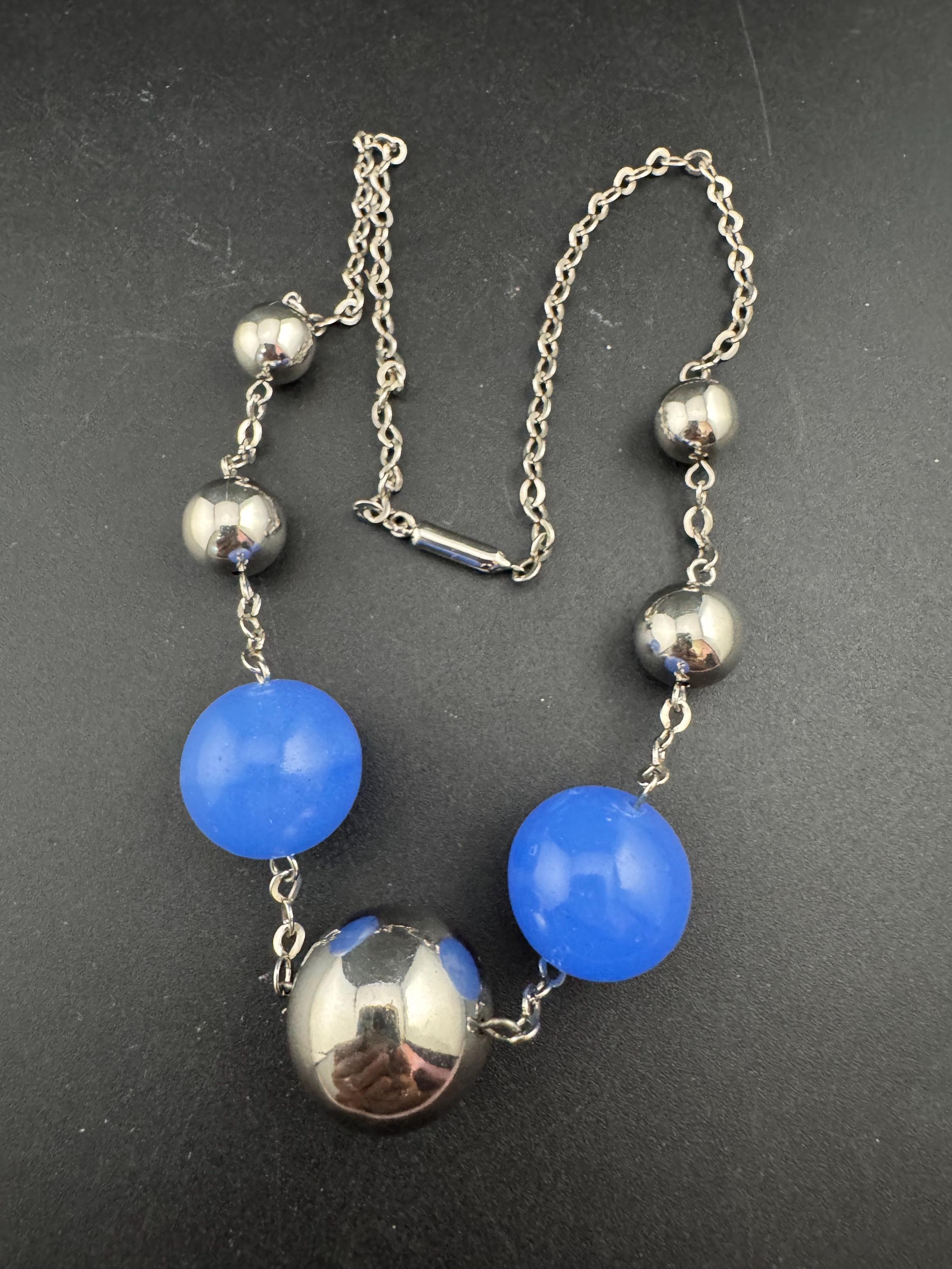 Genuine Czech silver Chromed deep blue glass bead necklace jakob Bengel era