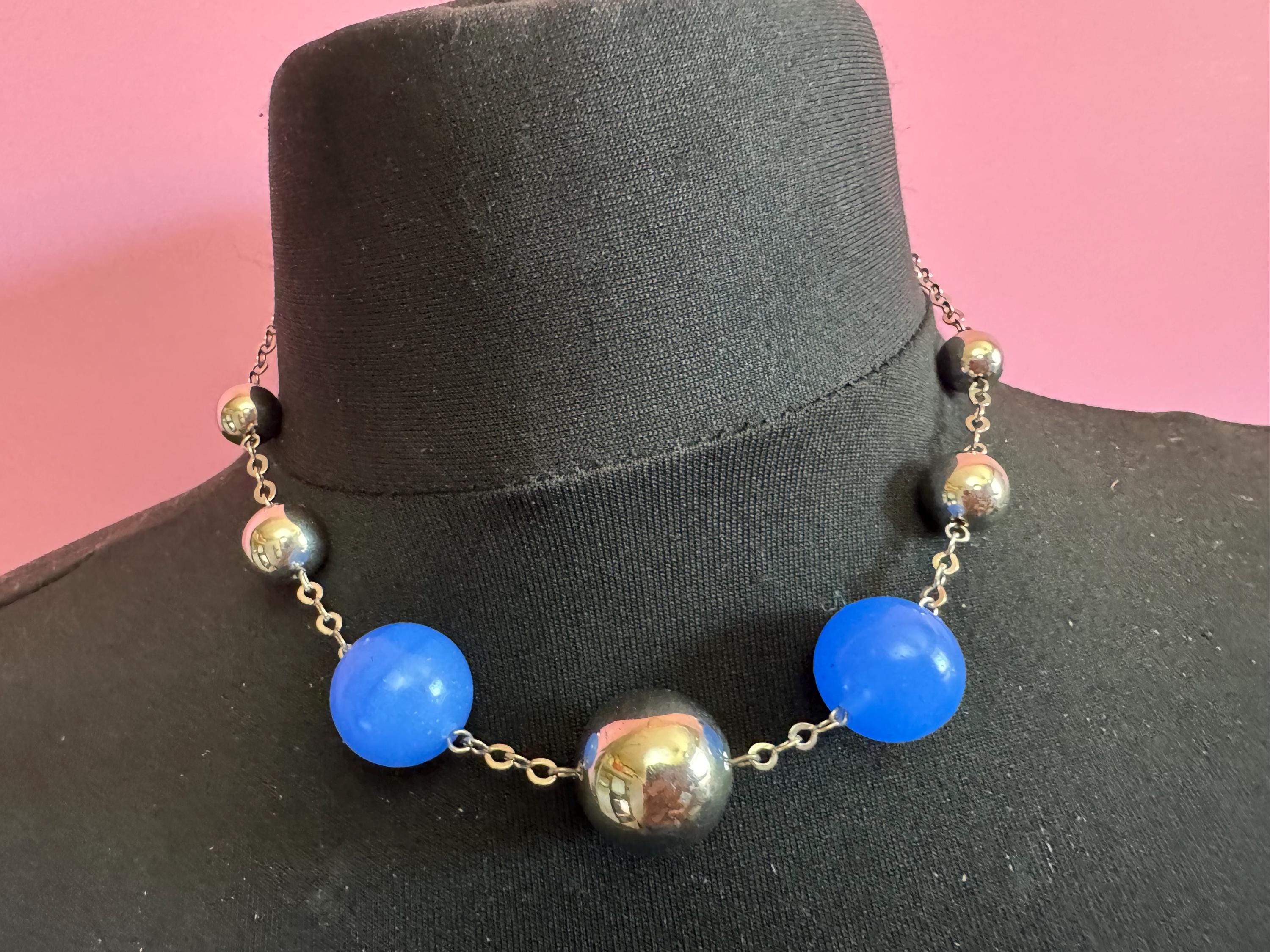 Genuine Czech silver Chromed deep blue glass bead necklace jakob Bengel era