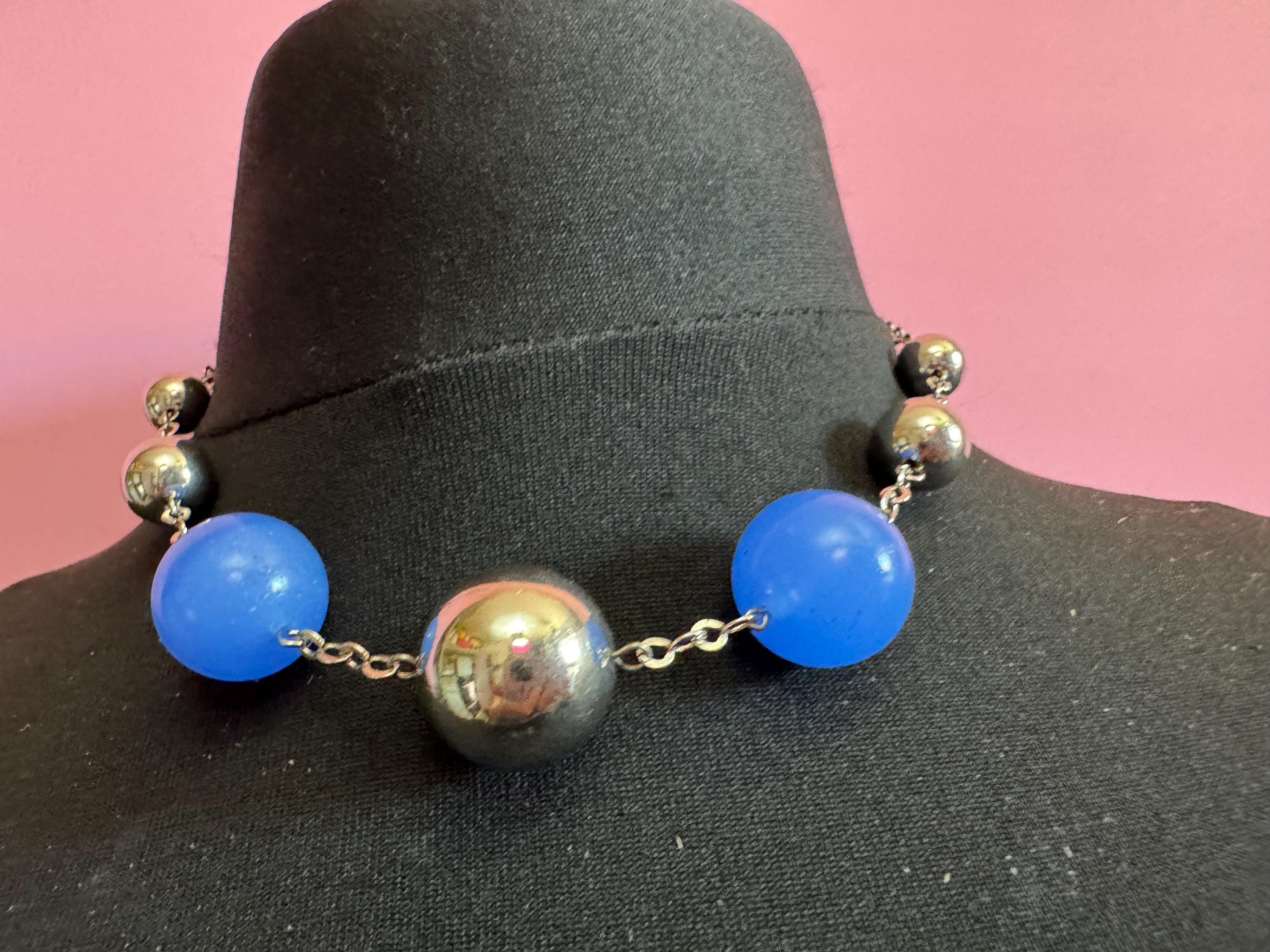 Genuine Czech silver Chromed deep blue glass bead necklace jakob Bengel era
