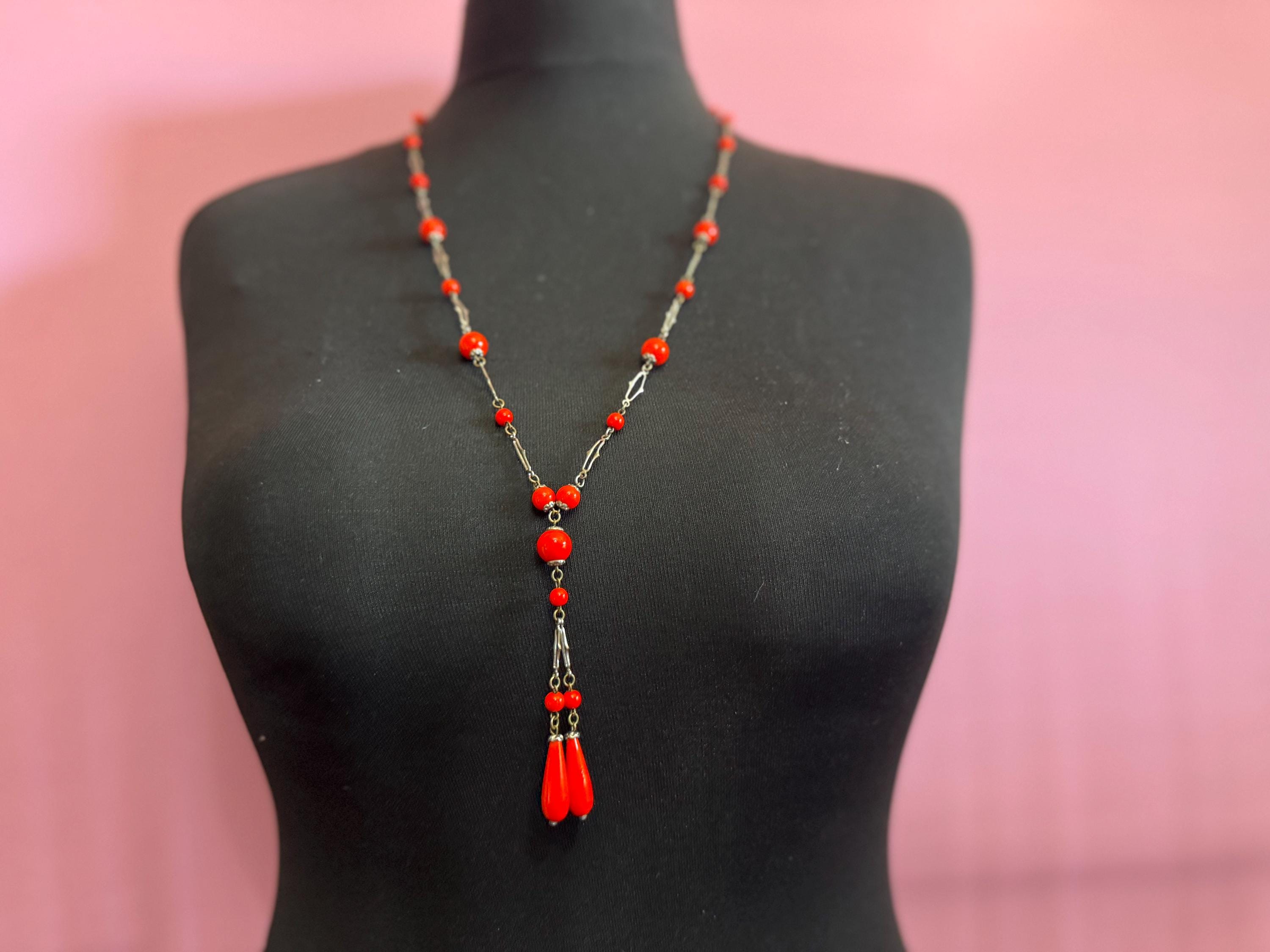 Antique Czech red teardrop glass beaded Art Deco lariat dropper necklace