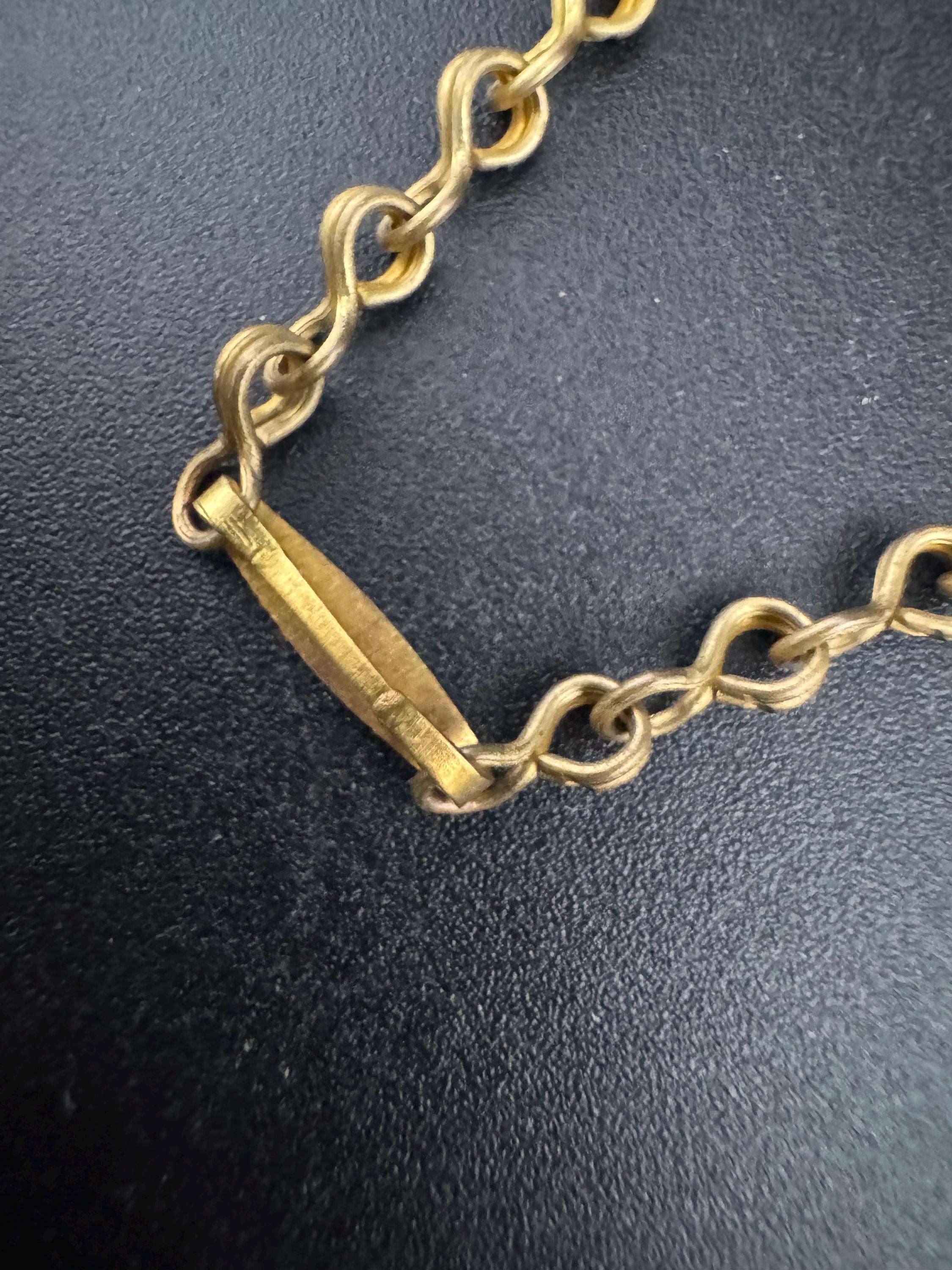 Czech, art deco brass metal stamped gold tone leaf choker necklace