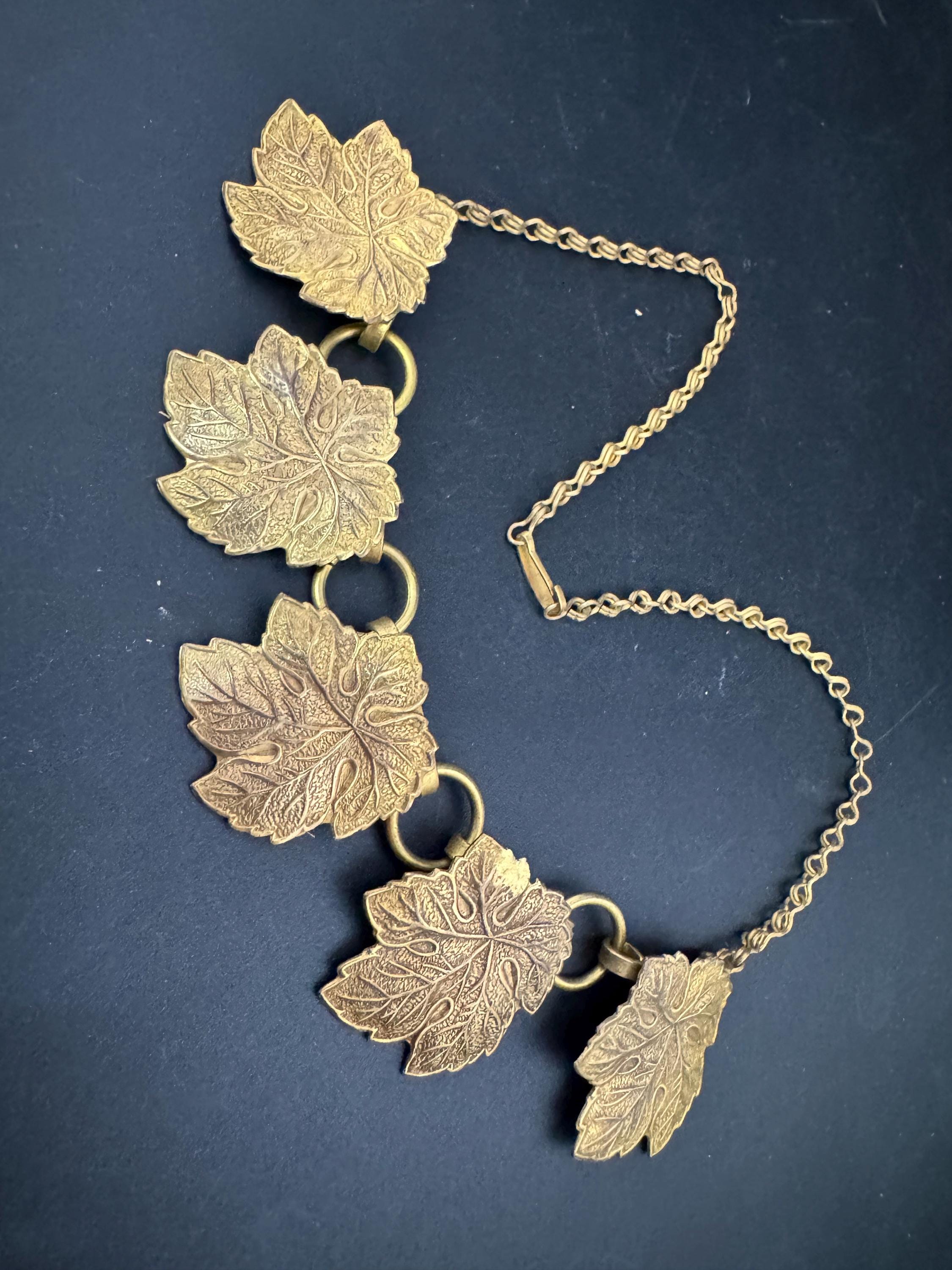 Czech, art deco brass metal stamped gold tone leaf choker necklace
