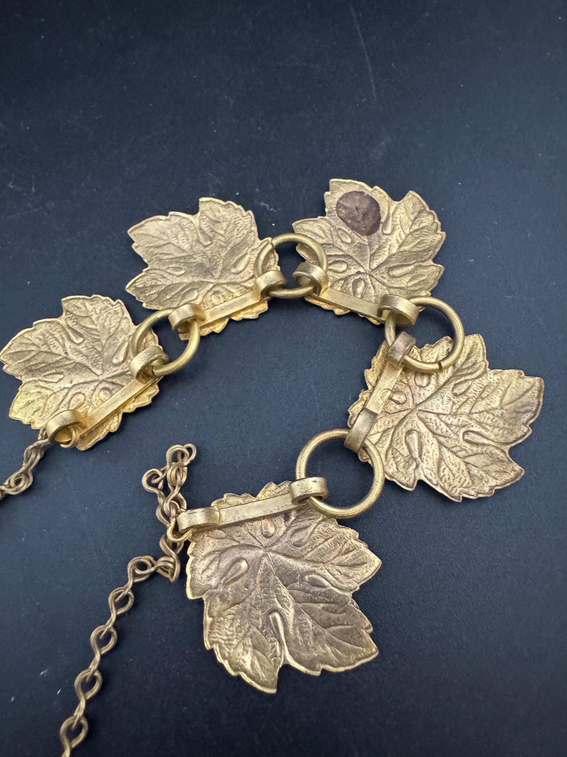Czech, art deco brass metal stamped gold tone leaf choker necklace