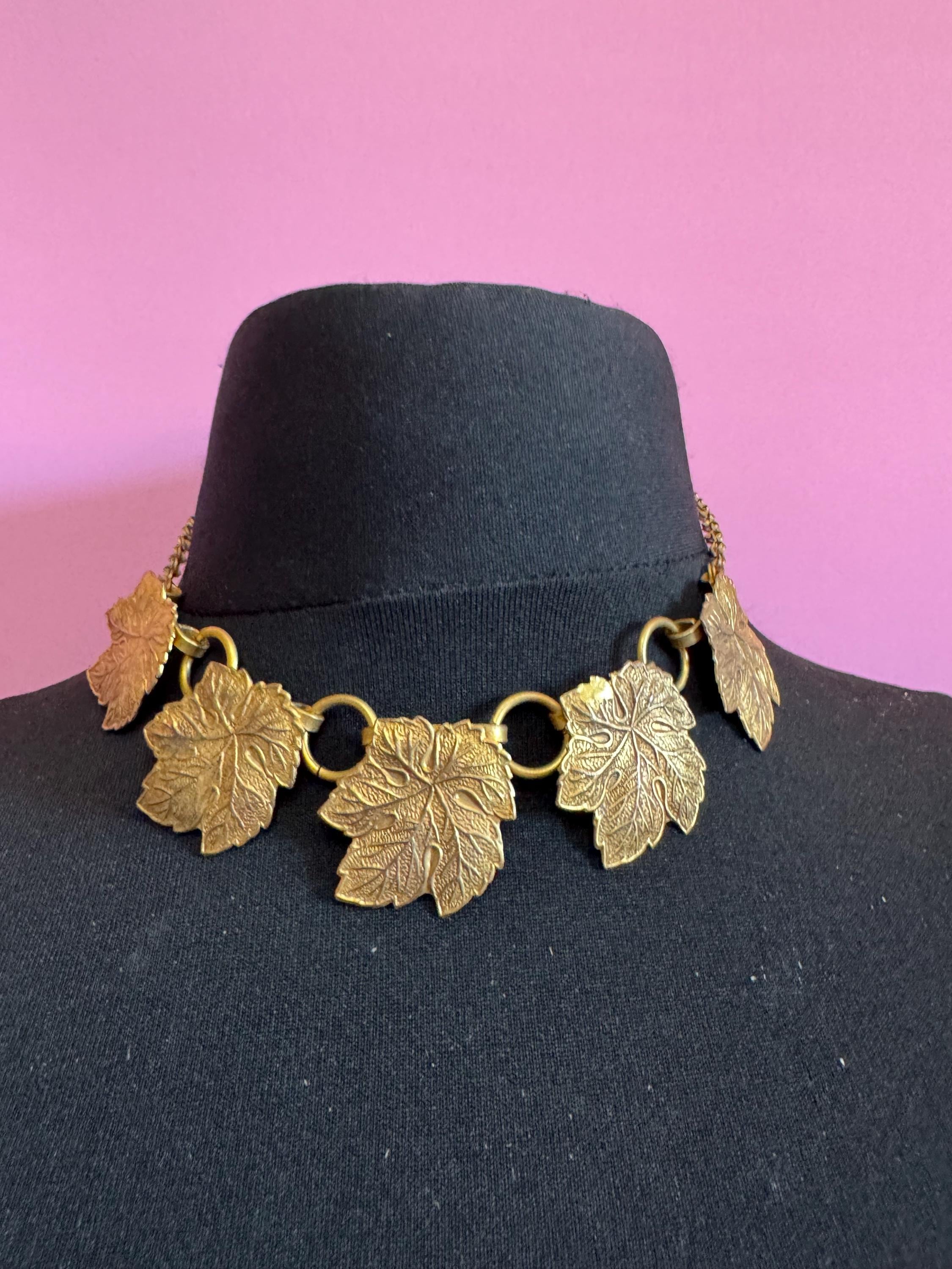 Czech, art deco brass metal stamped gold tone leaf choker necklace
