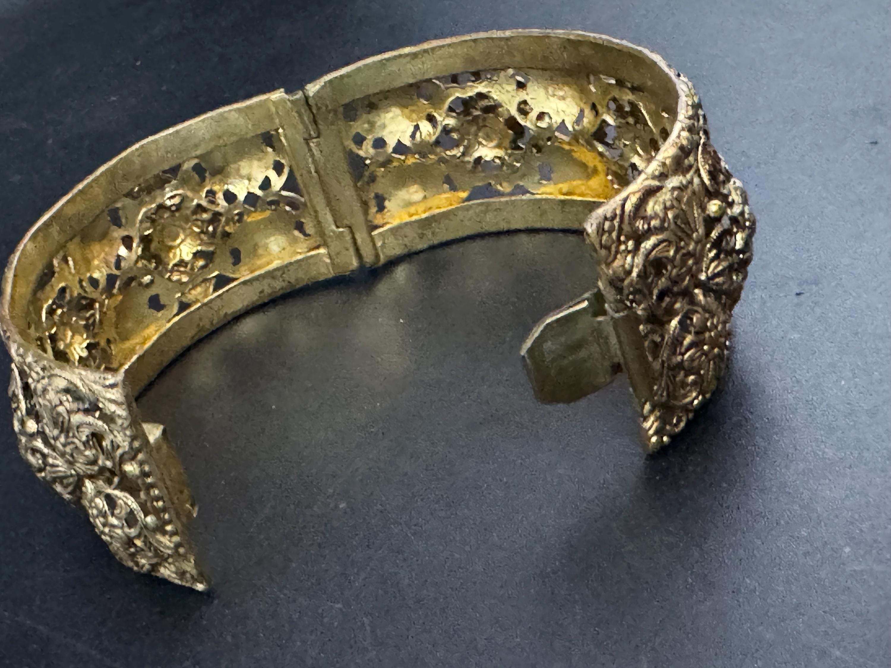 Rare wide Czech brass filigree open work clamper Bangle bracelet