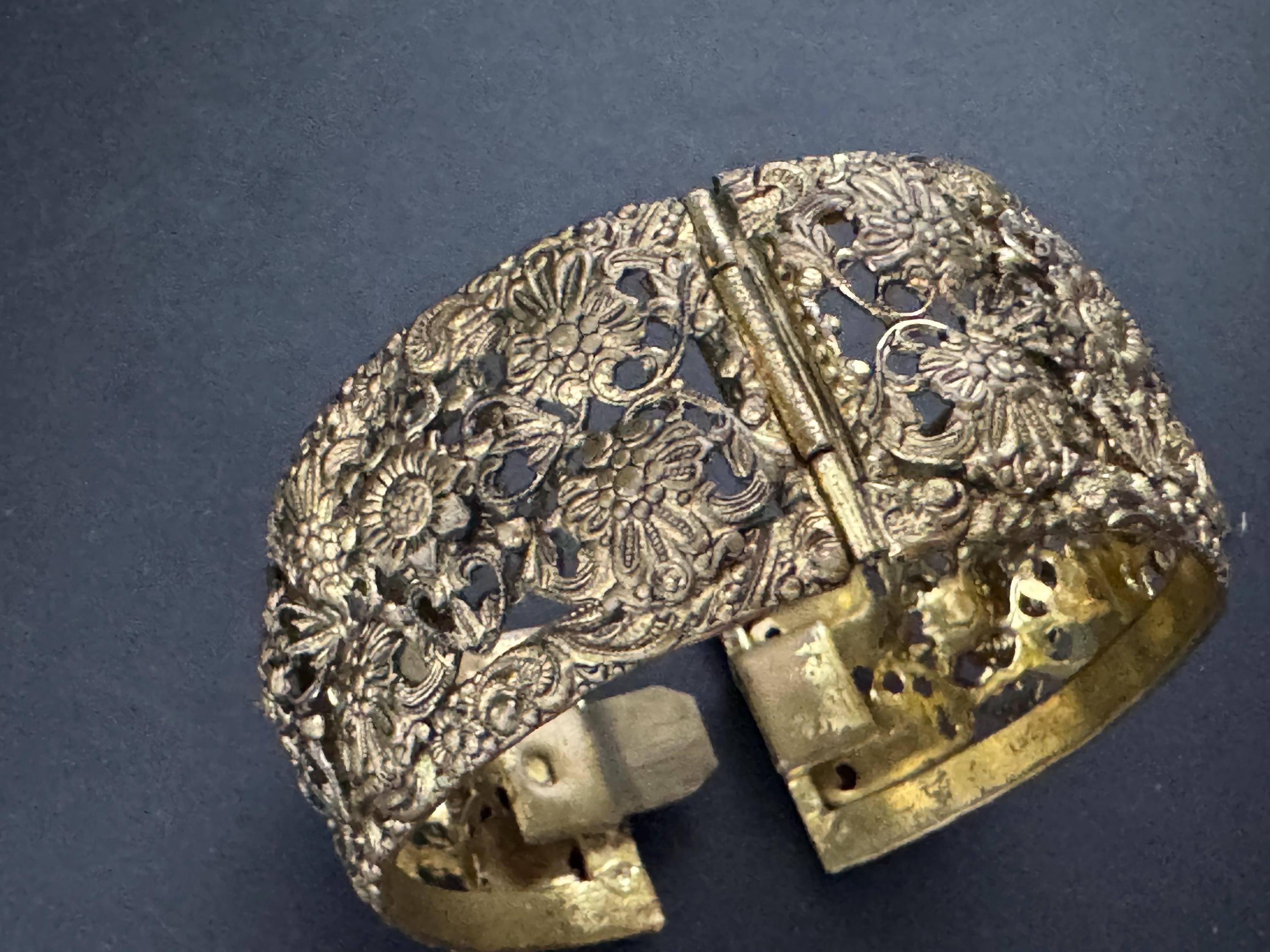 Rare wide Czech brass filigree open work clamper Bangle bracelet