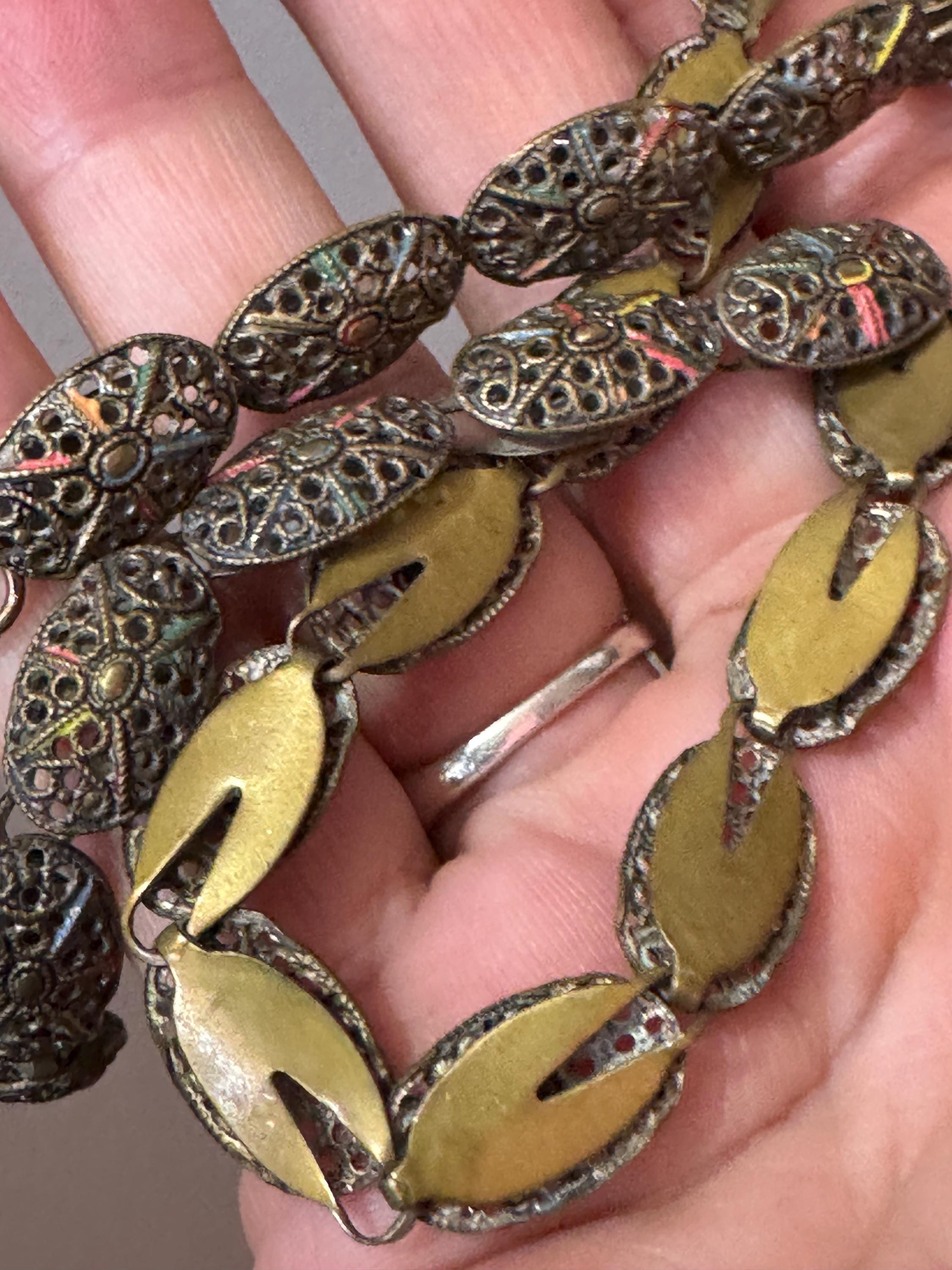 Czech cold painted enamel brass panel link Necklace, art deco period