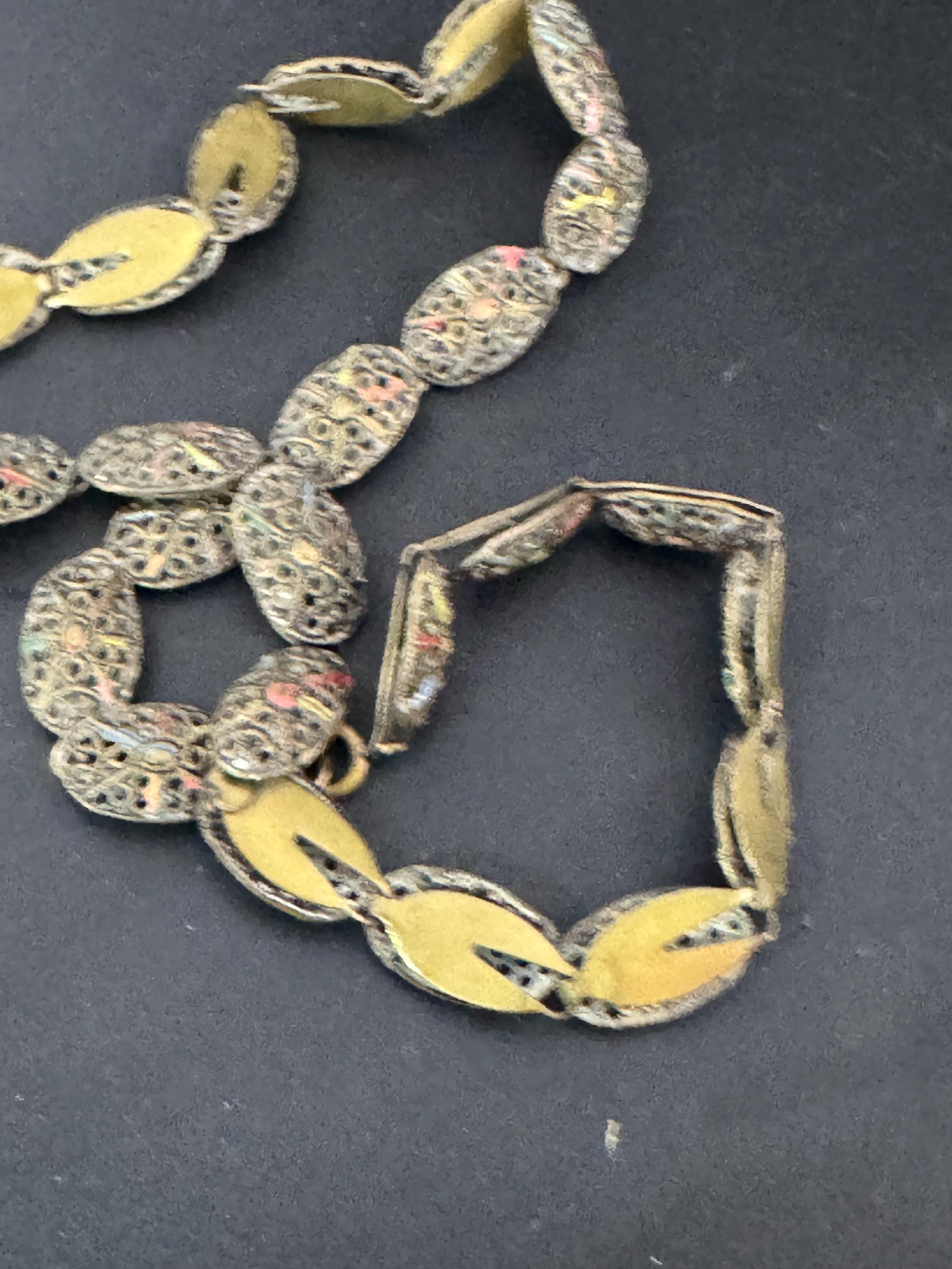Czech cold painted enamel brass panel link Necklace, art deco period