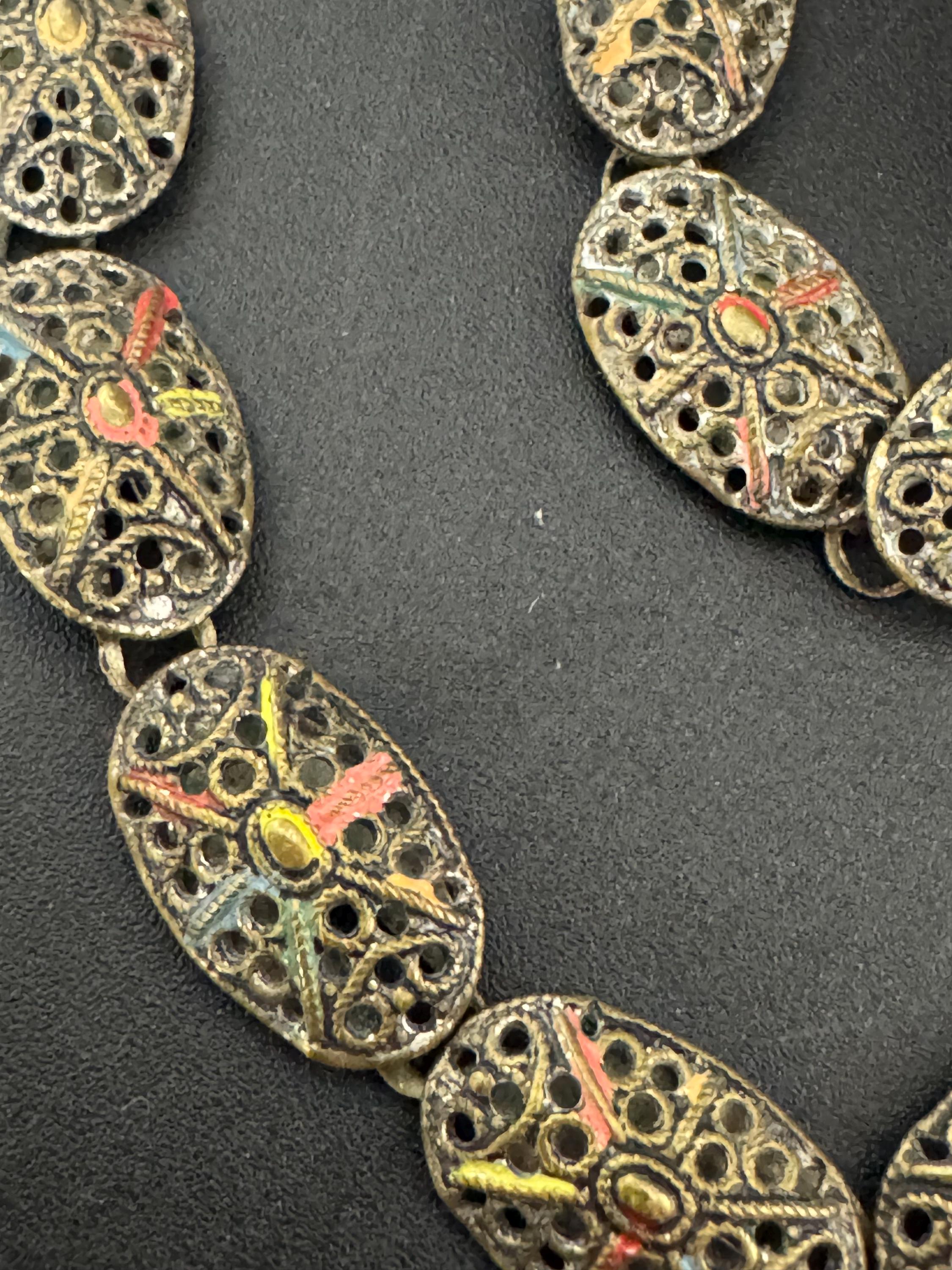 Czech cold painted enamel brass panel link Necklace, art deco period