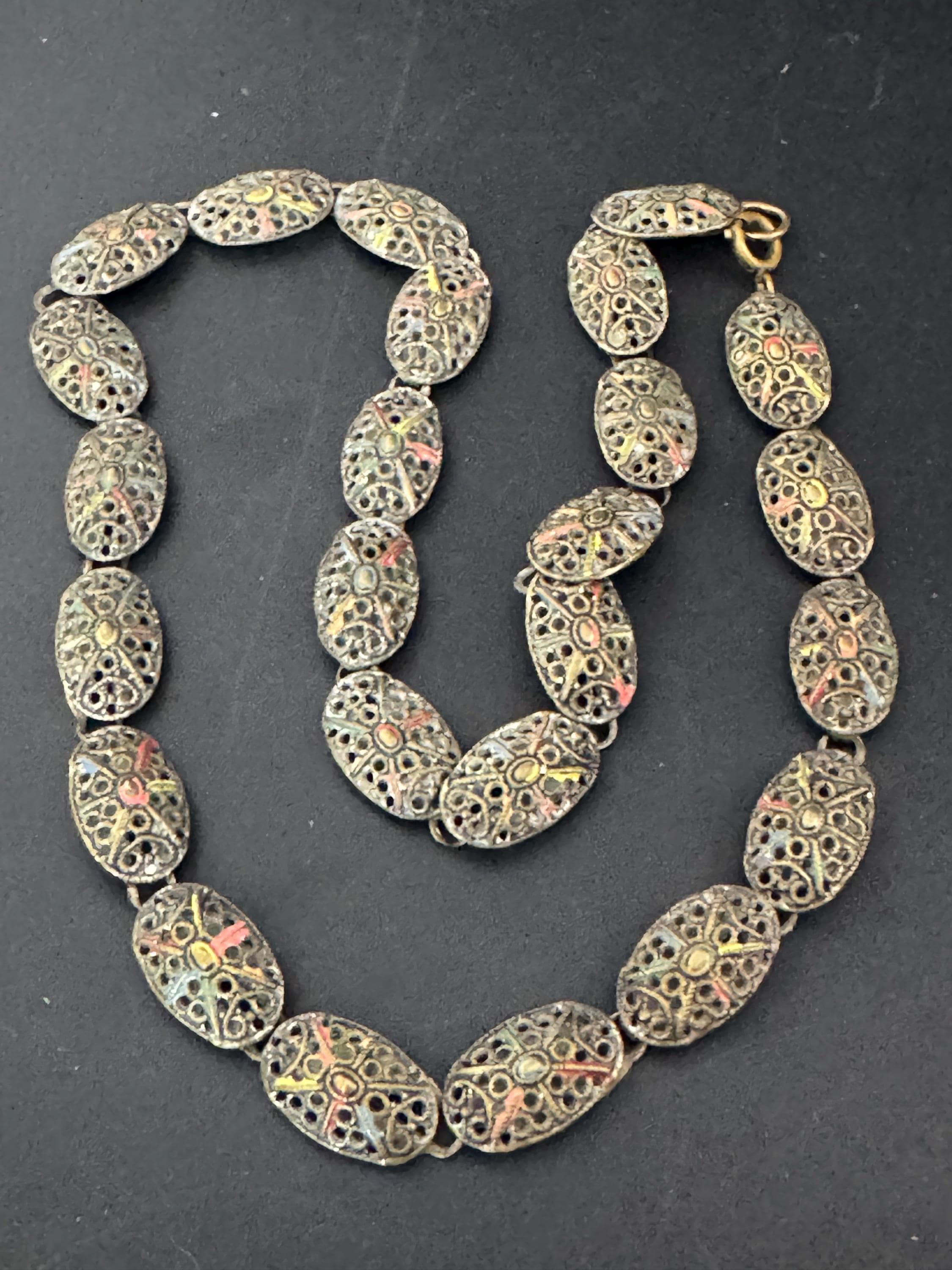 Czech cold painted enamel brass panel link Necklace, art deco period