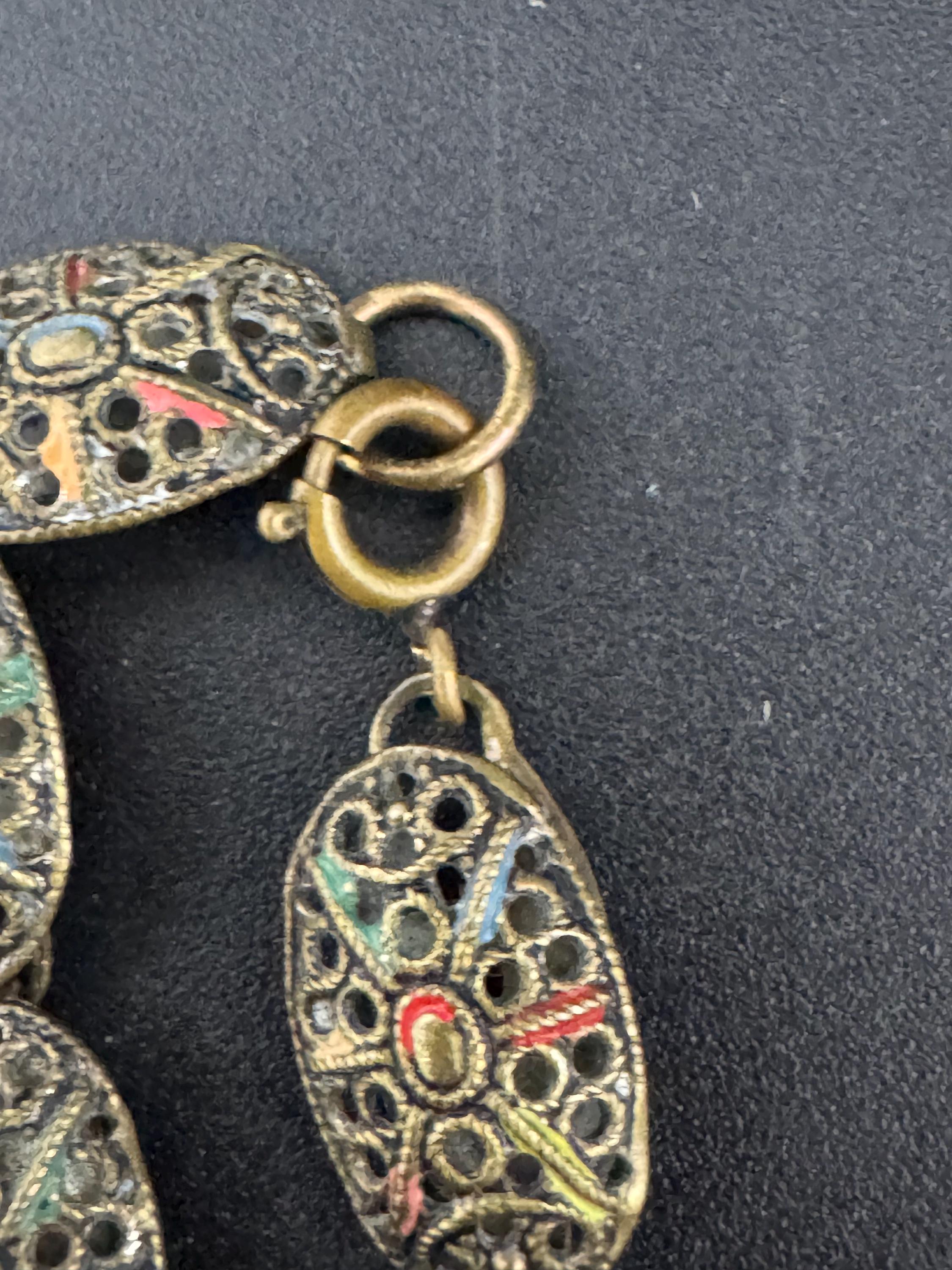 Czech cold painted enamel brass panel link Necklace, art deco period