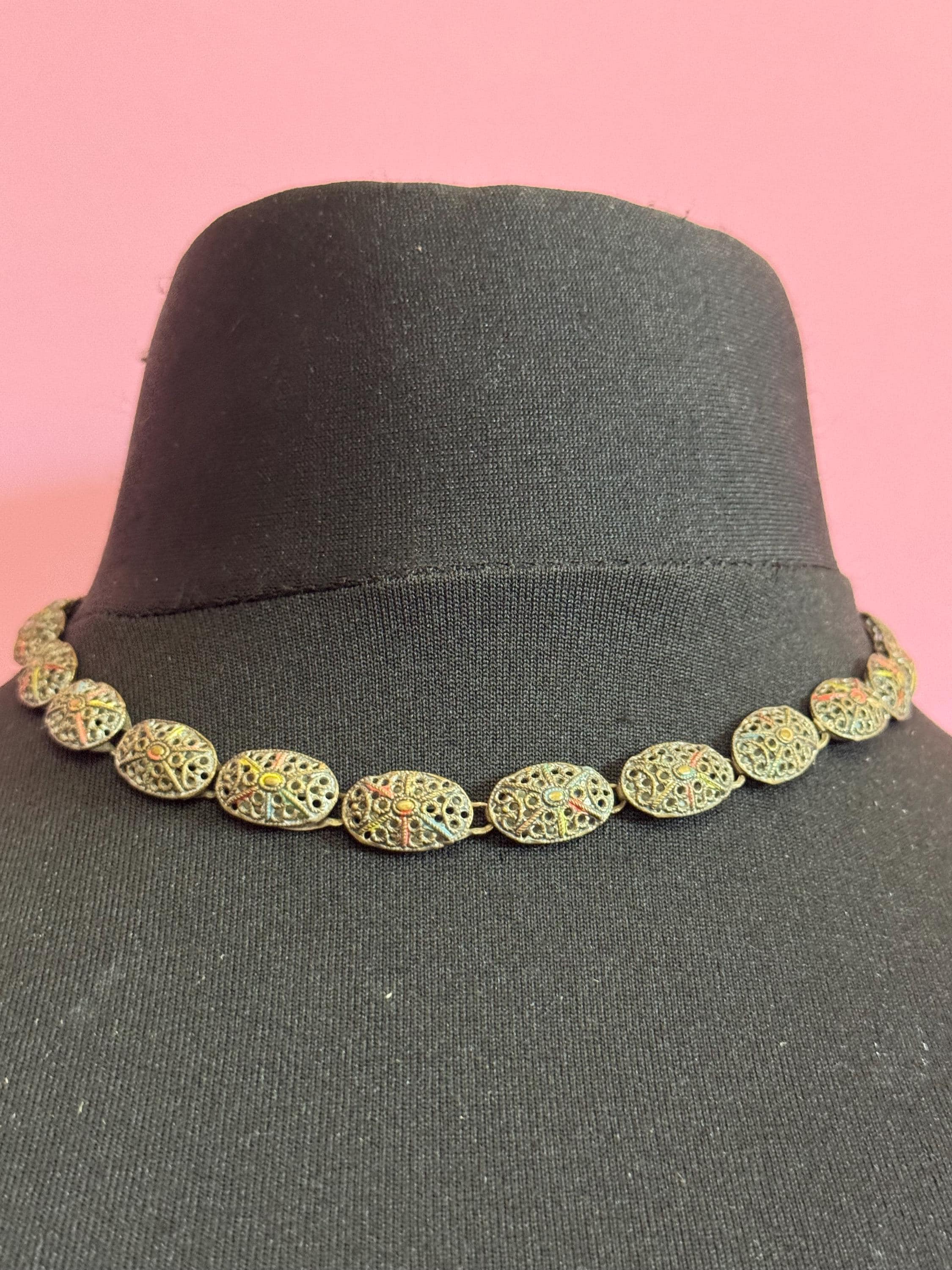 Czech cold painted enamel brass panel link Necklace, art deco period