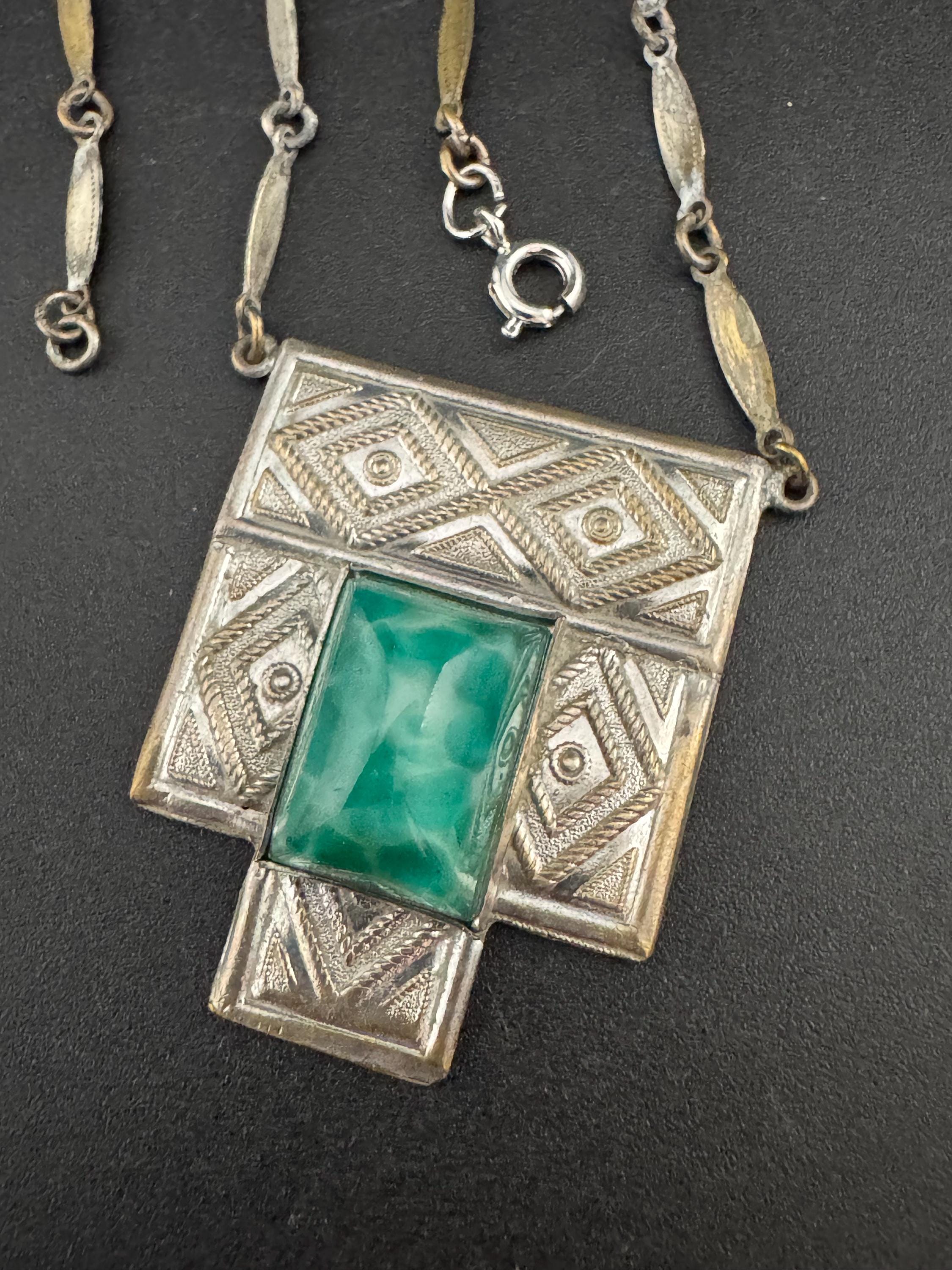 Art Deco Peking Glass Necklace: Silver Chrome Geometric Pendant, 1920s Style