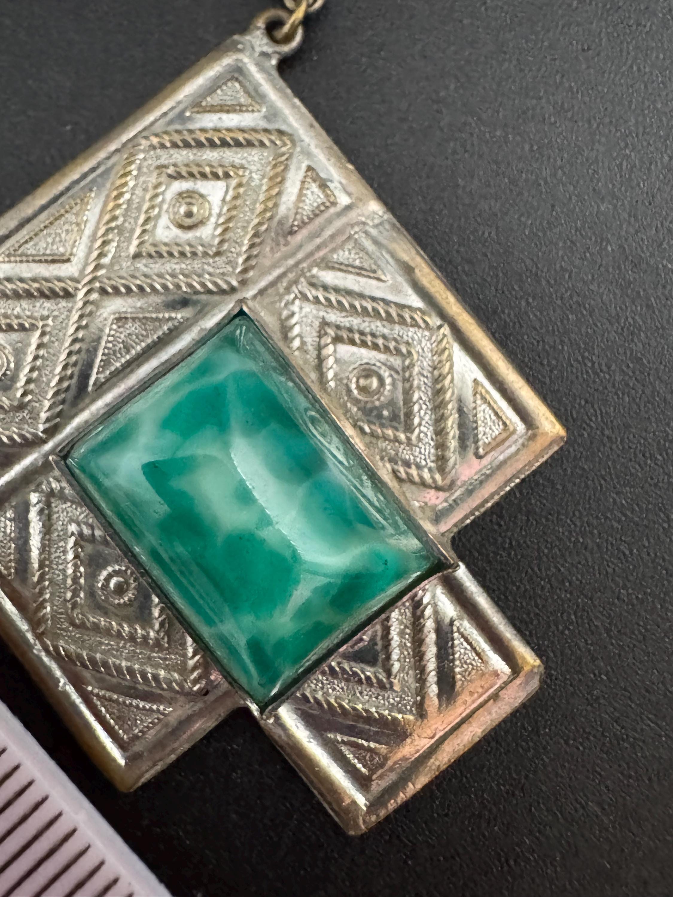Art Deco Peking Glass Necklace: Silver Chrome Geometric Pendant, 1920s Style