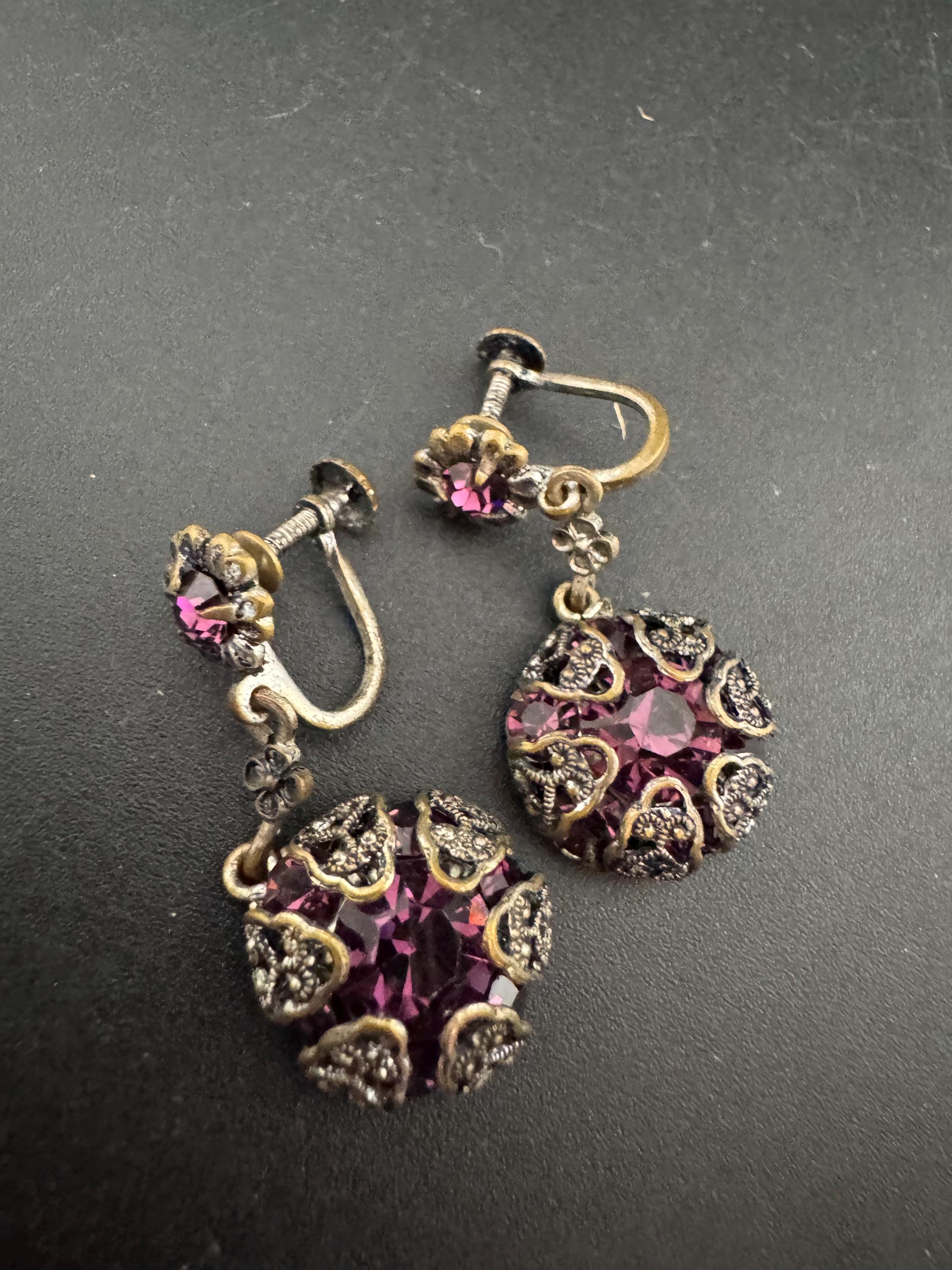 Czech filigree Clip on drop earrings with amethyst purple paste diamanté