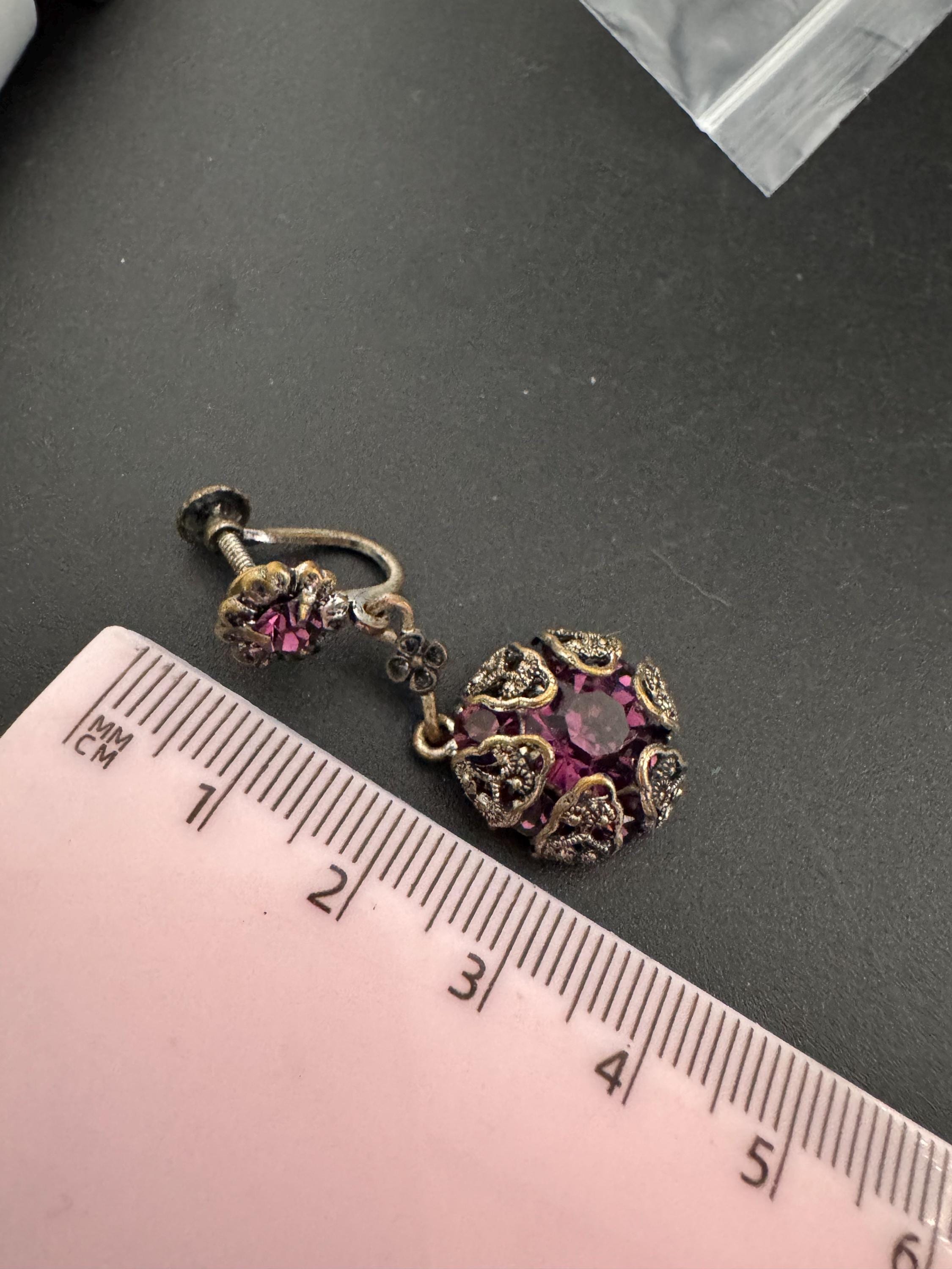 Czech filigree Clip on drop earrings with amethyst purple paste diamanté