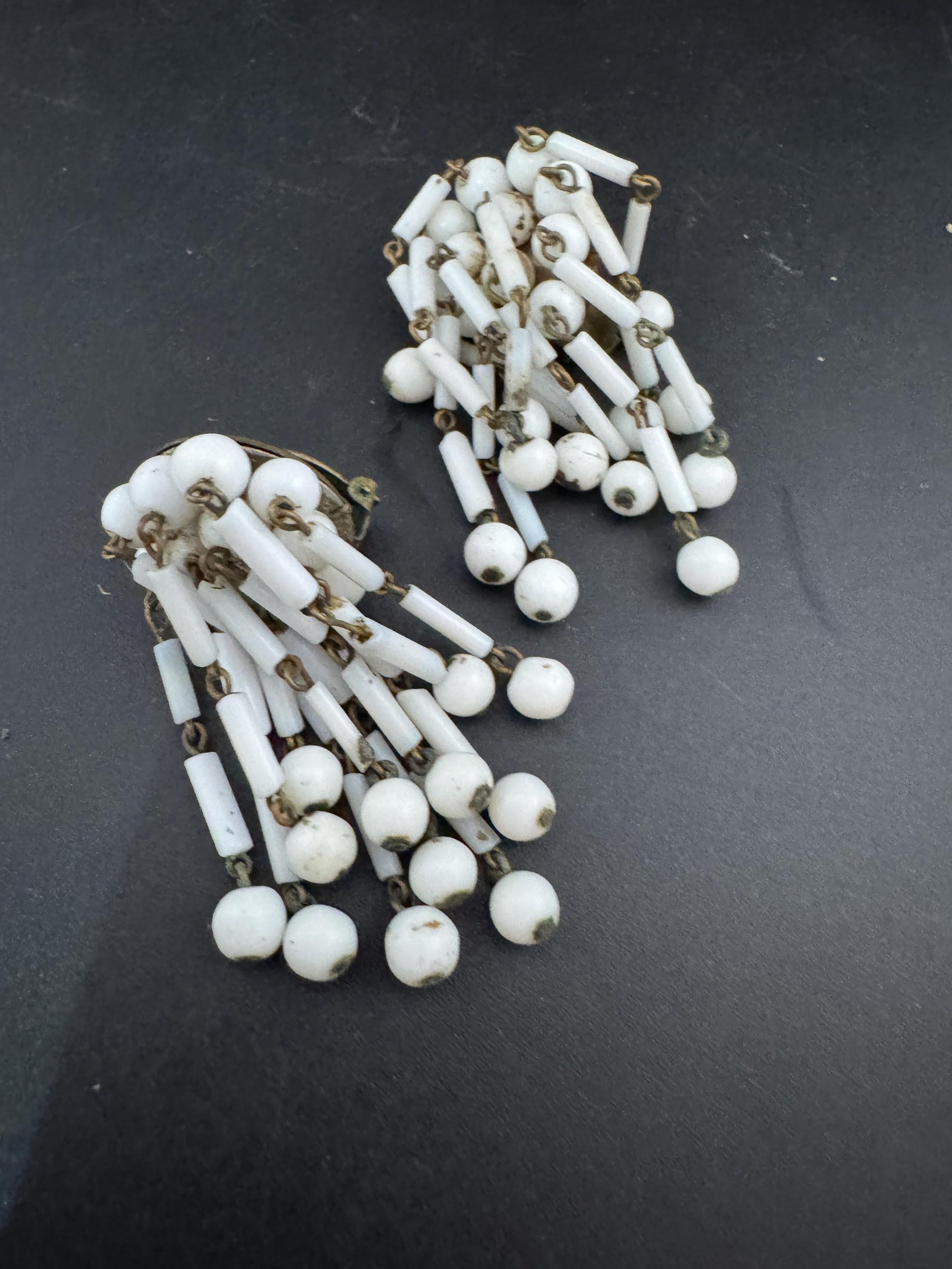 Vintage west German white milk glass bugle beaded Cluster Clip On waterfall Earrings 1940s 1950s