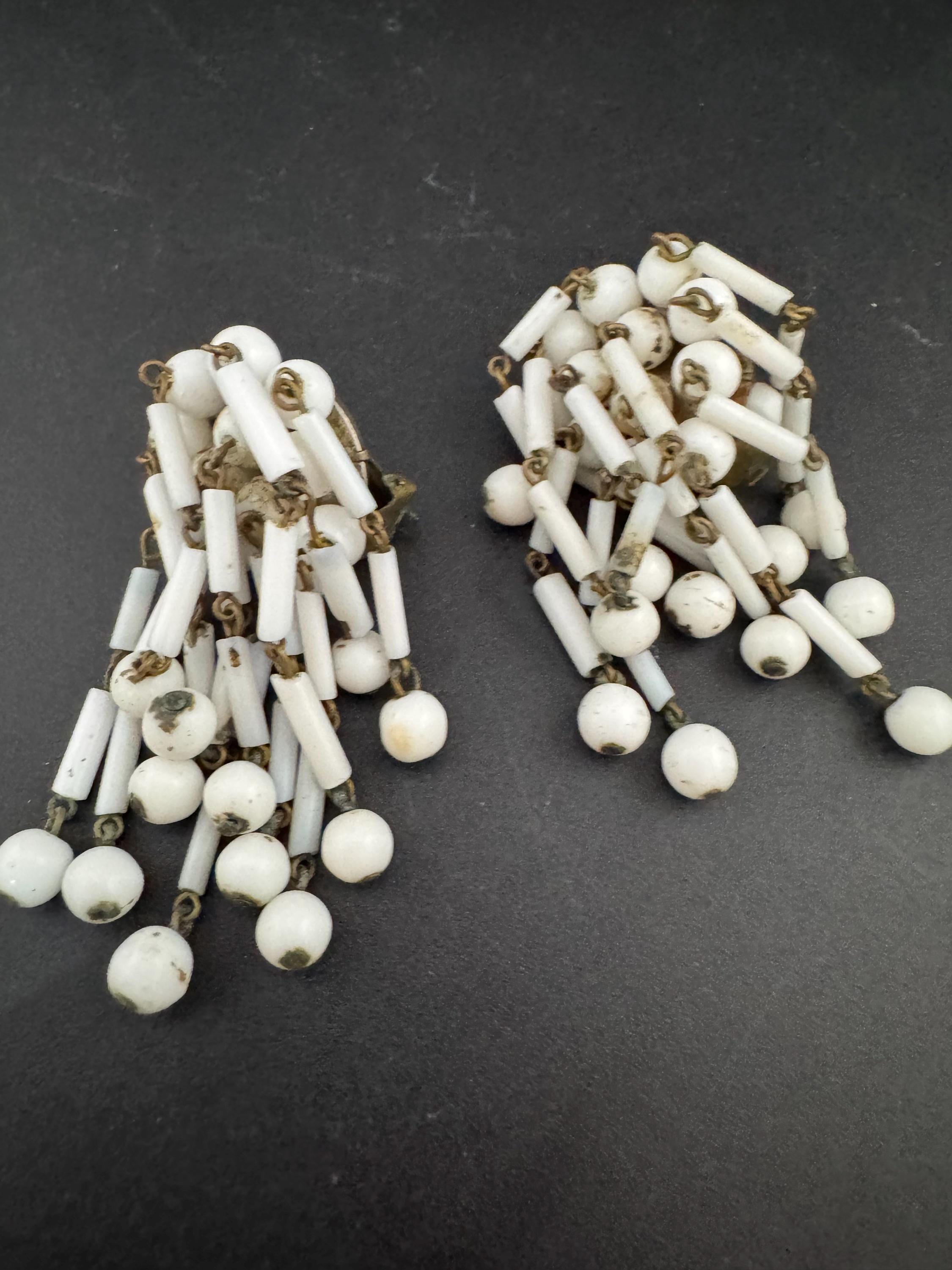 Vintage west German white milk glass bugle beaded Cluster Clip On waterfall Earrings 1940s 1950s