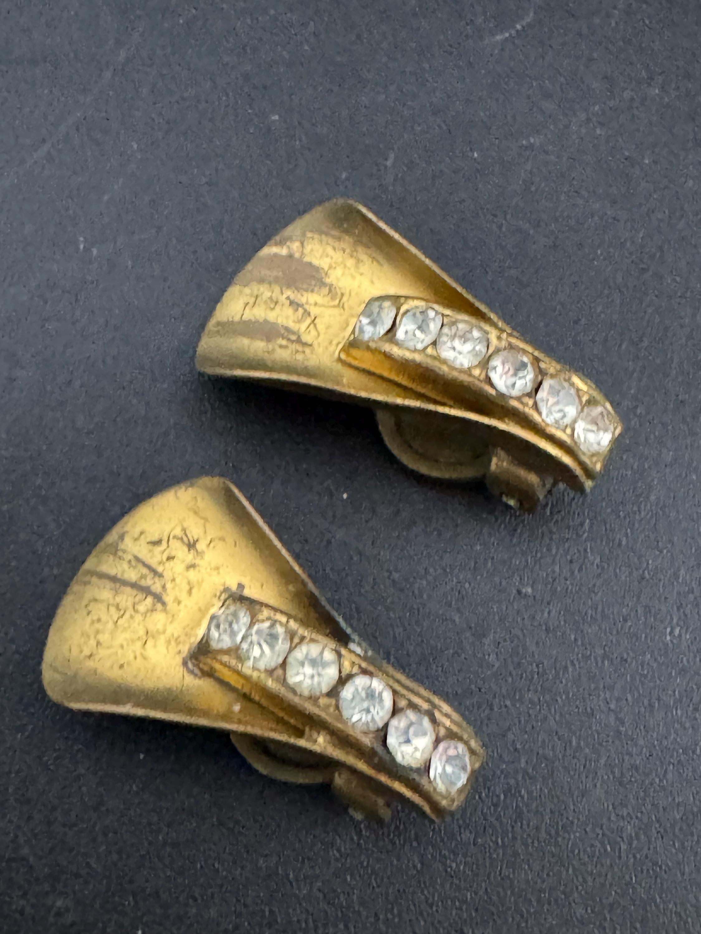 Antique Vintage Czech Gold brass Metal brass diamante clip on earrings Edwardian Art Deco 1920s 1930s