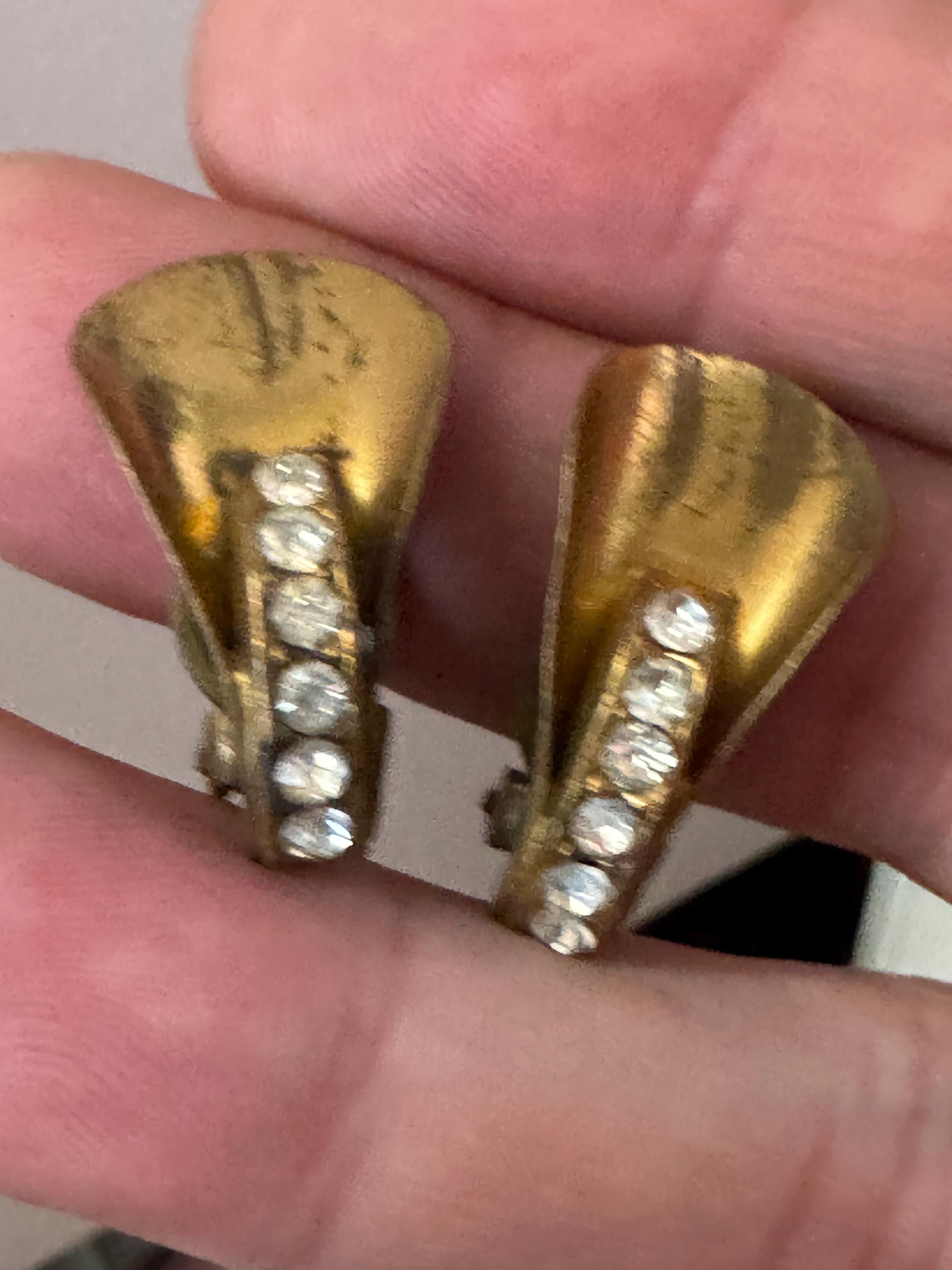 Antique Vintage Czech Gold brass Metal brass diamante clip on earrings Edwardian Art Deco 1920s 1930s