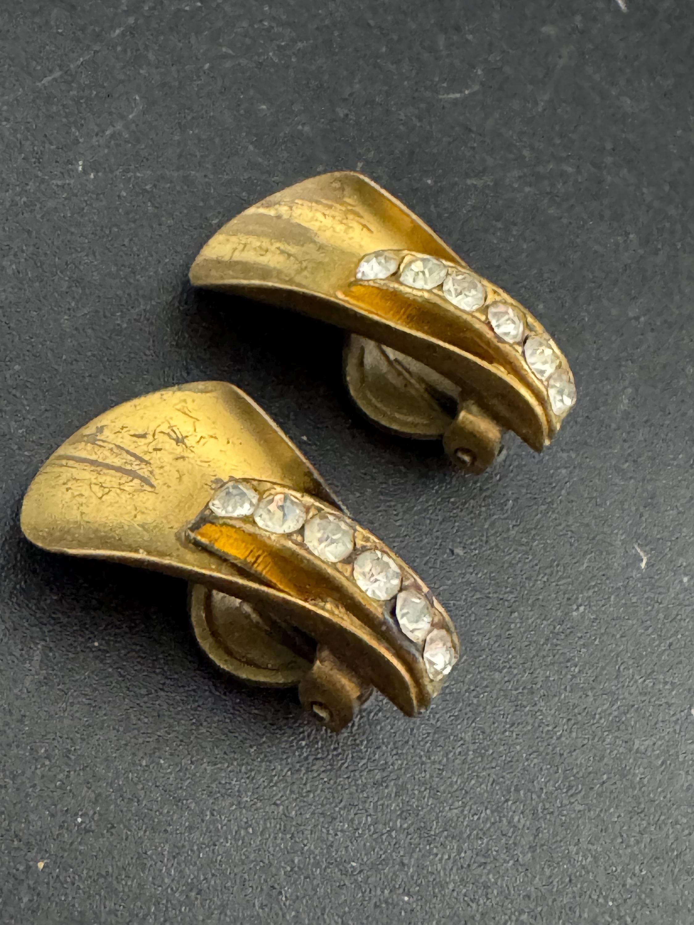 Antique Vintage Czech Gold brass Metal brass diamante clip on earrings Edwardian Art Deco 1920s 1930s