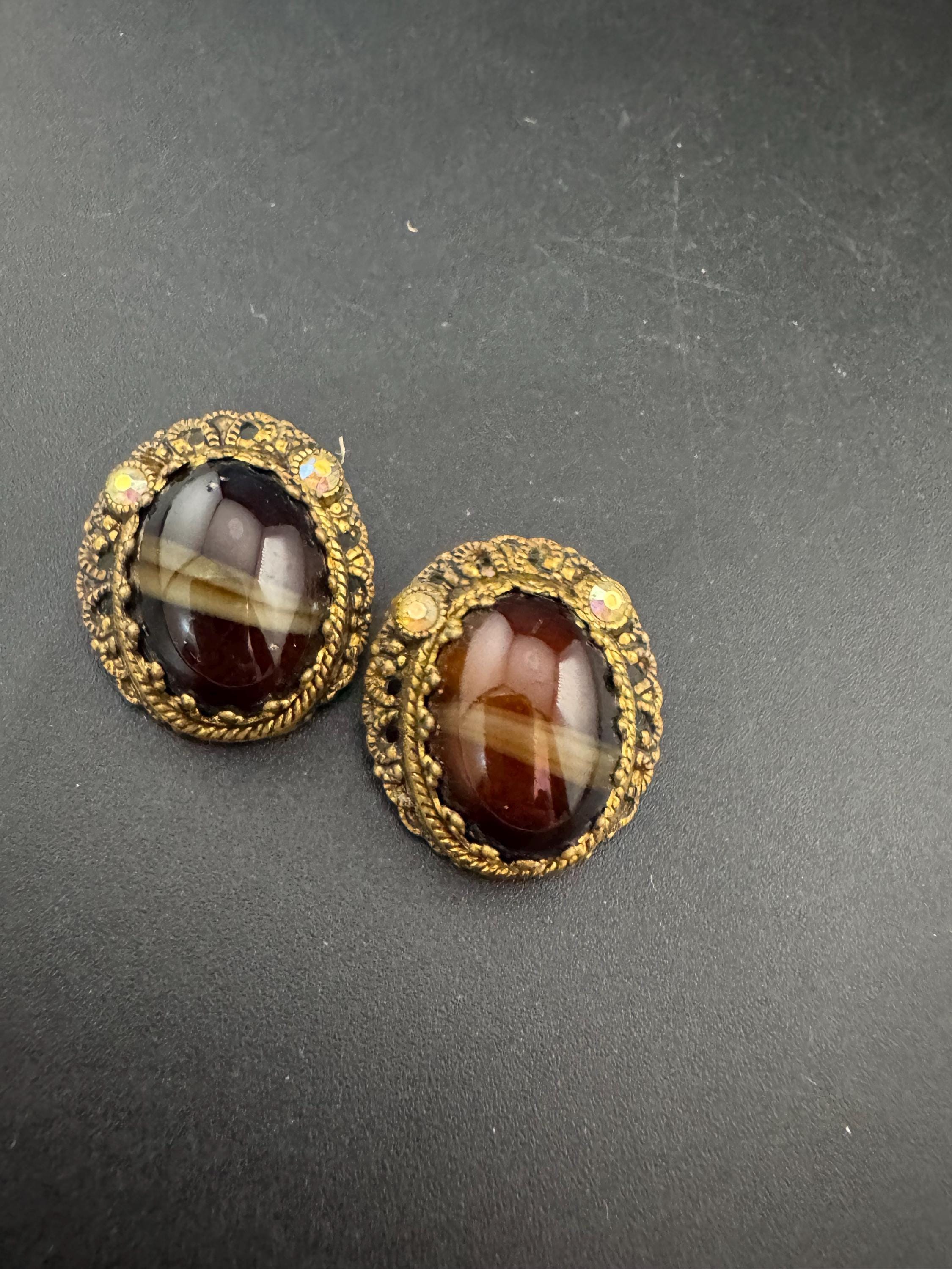 As found Vintage Czech filigree brass brown givre glass beaded ab crystal clip on earrings