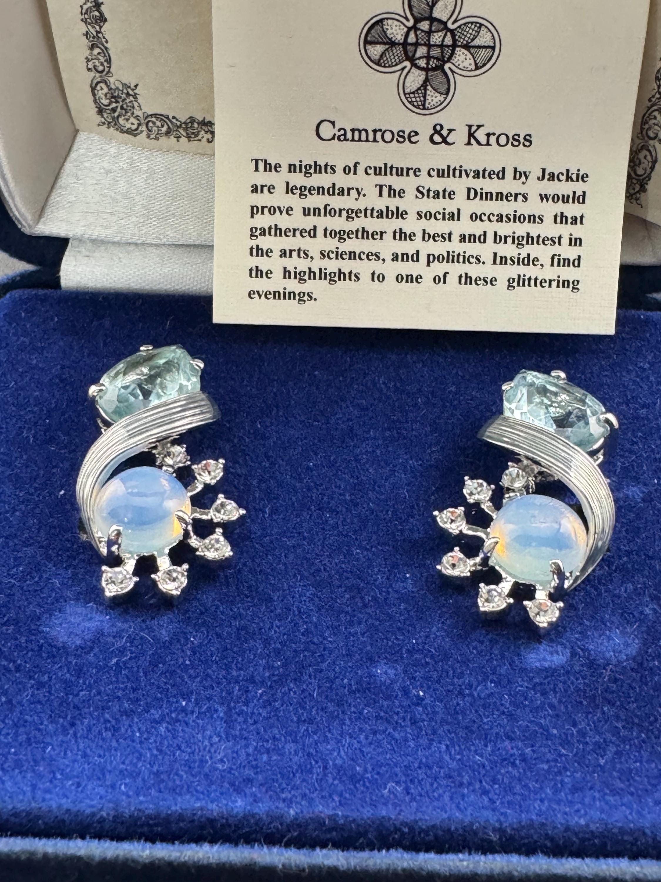 Vintage signed JBK designer MORNING MIST silver plated & aquamarine opaline clip on diamante earrings