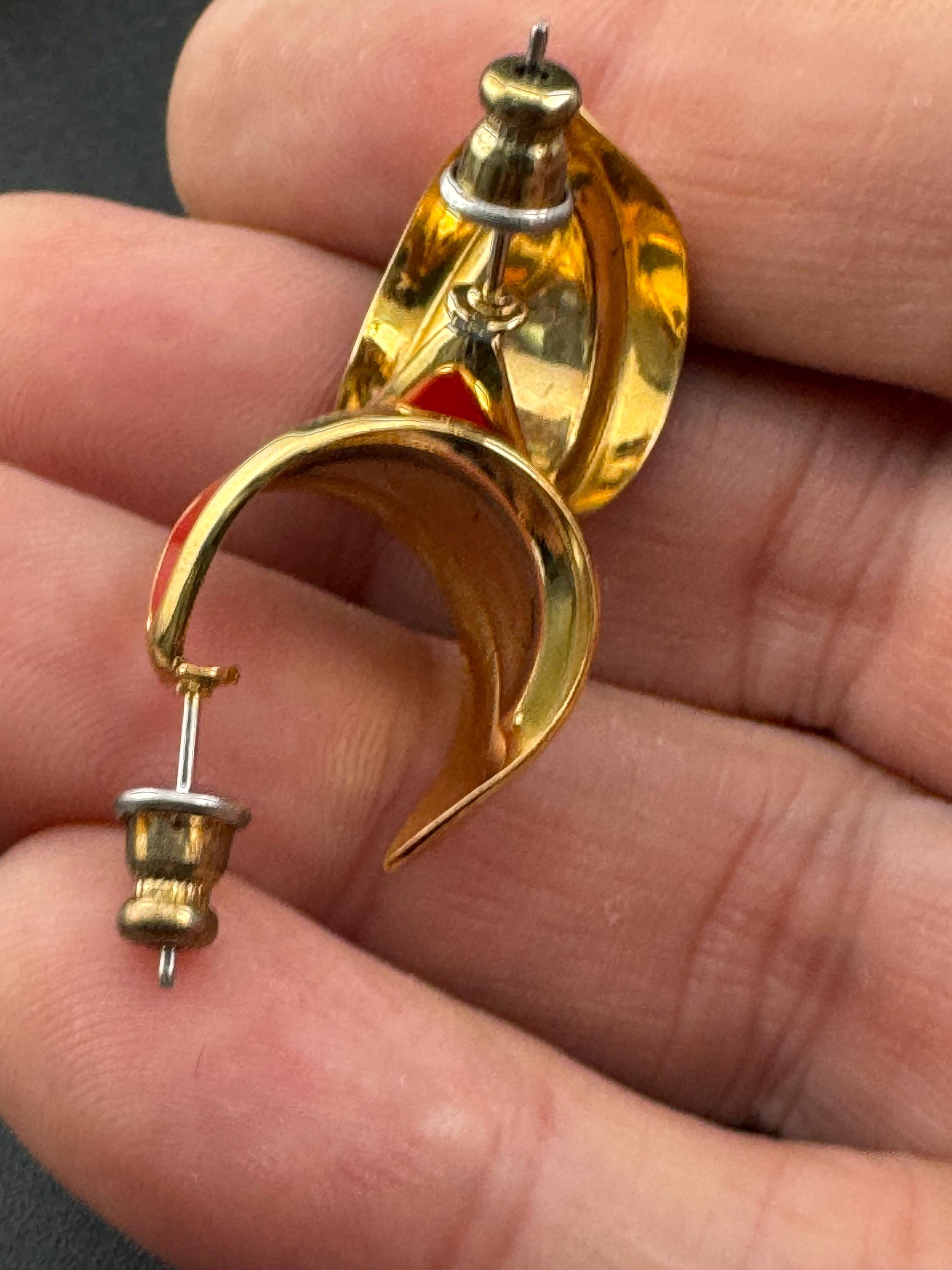 Vintage 18k Gold Plated Red Enamel Hoop Earrings