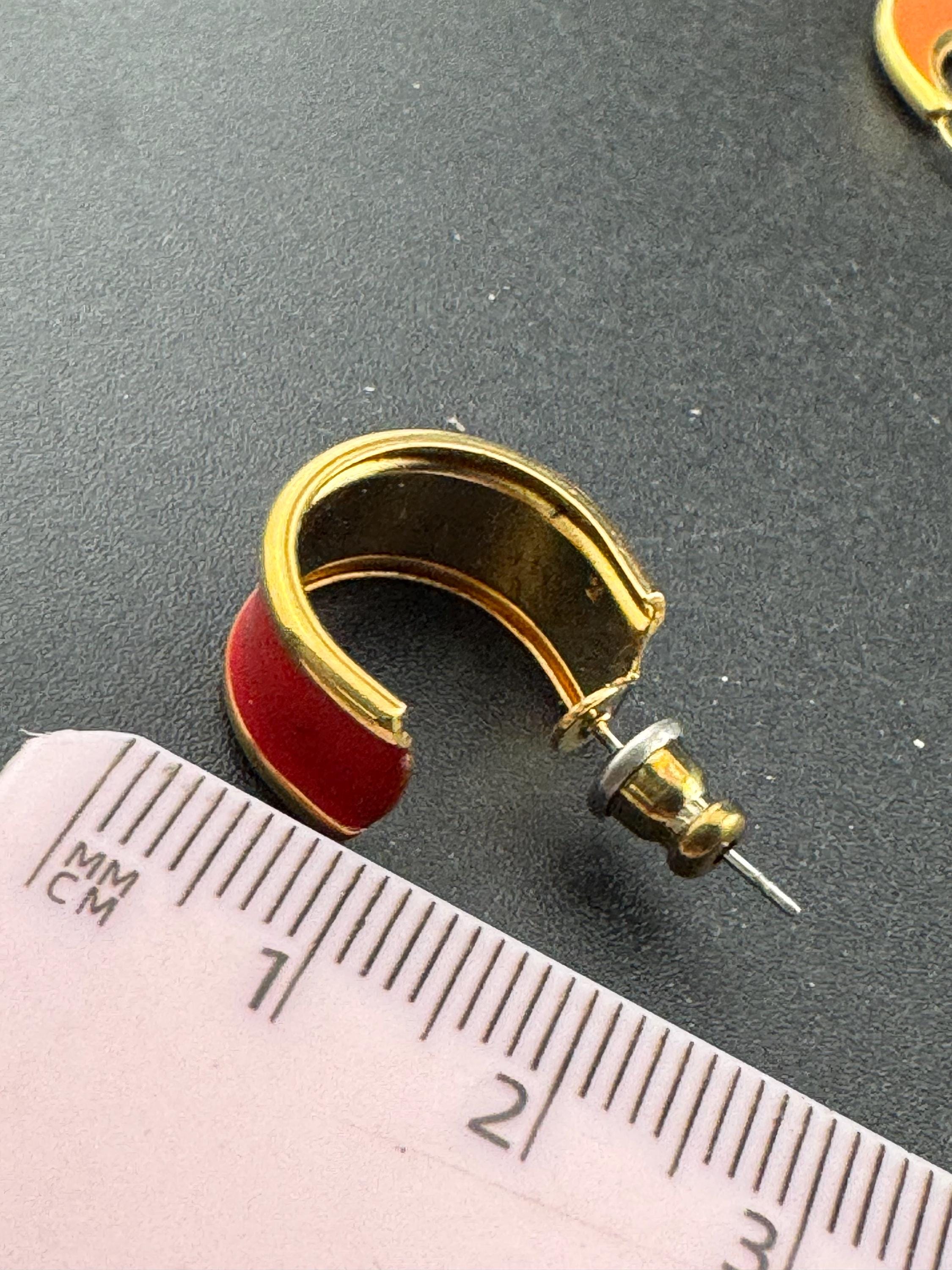 Vintage 18k Gold Plated Red Enamel Half Hoop Earrings