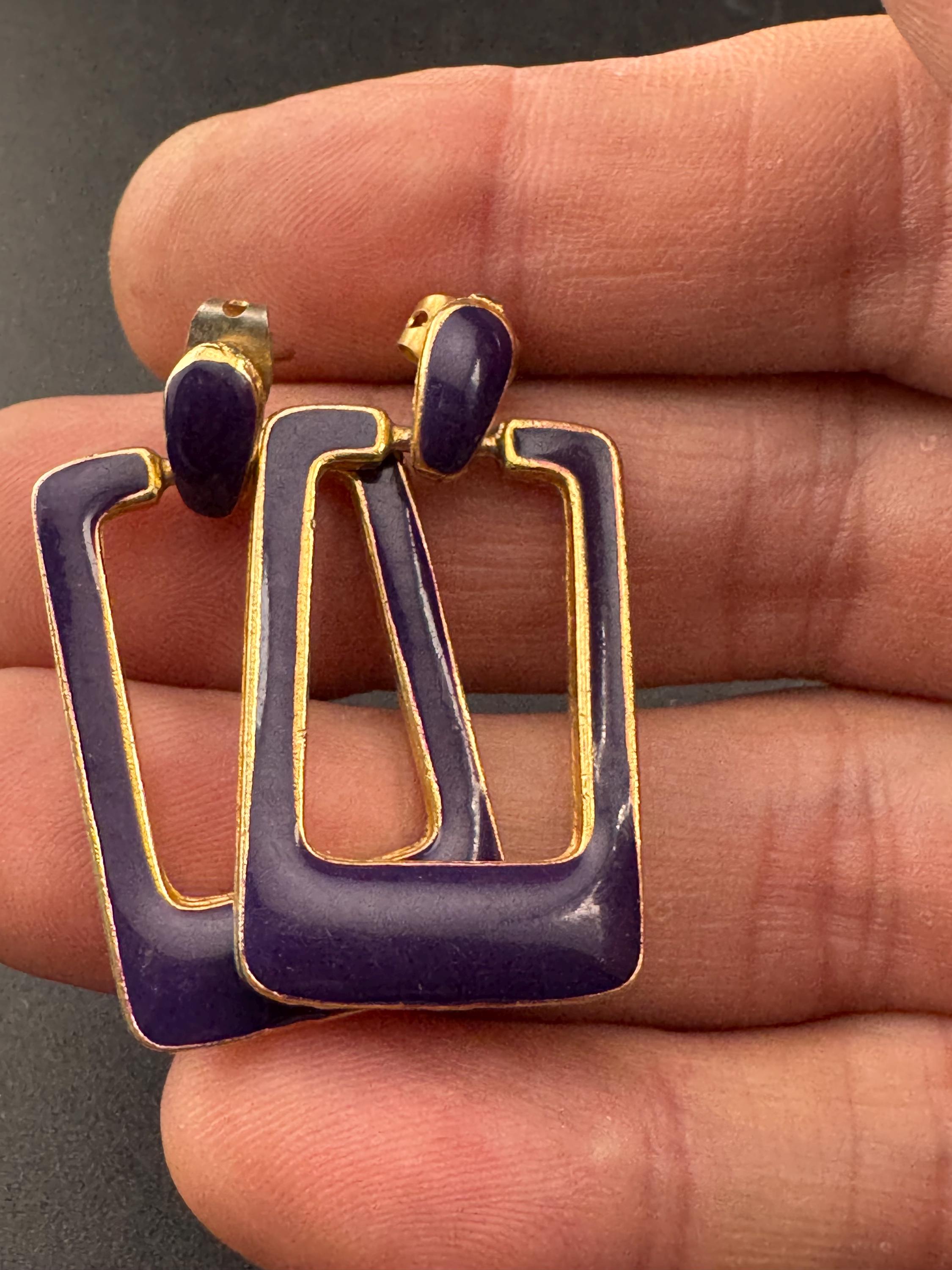 Vintage purple enamel door knocker drop earrings for pierced ears